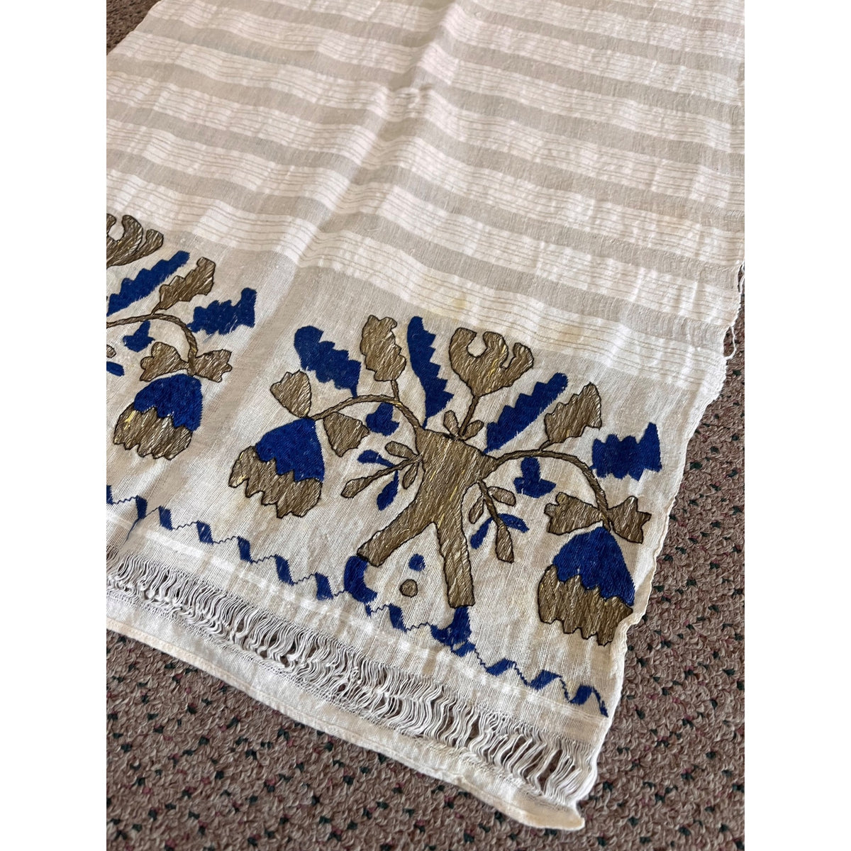 Antique Hand Embroidered Linen Table Runner Arts & Crafts Folk Art Floral William Morris