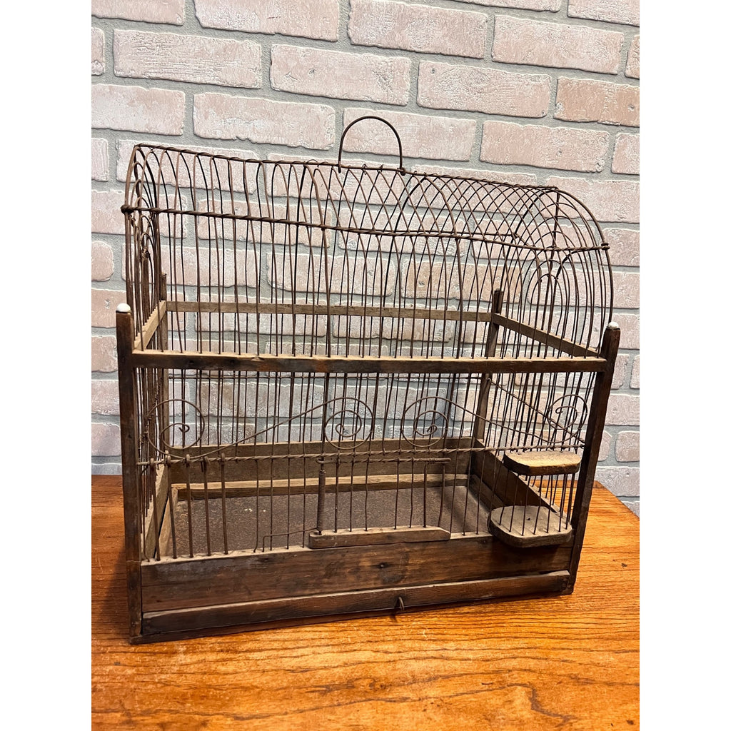 Antique Victorian Dome-Top Birdcage Wood Metal Wire Rustic Primitive Decor