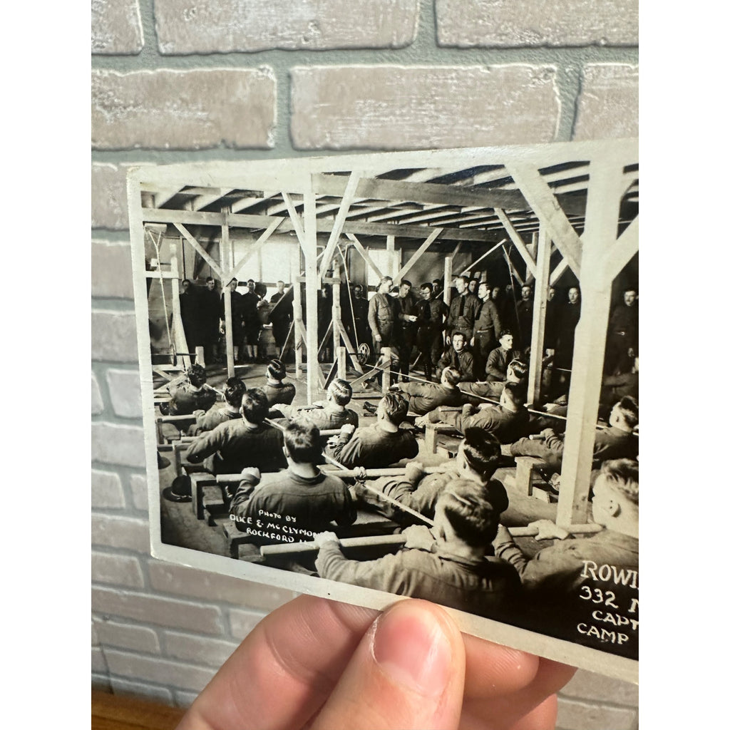 Vintage WW1 Camp Grant Postcard WWI US Army Rowing Crew 332 Machine Gun Brigade