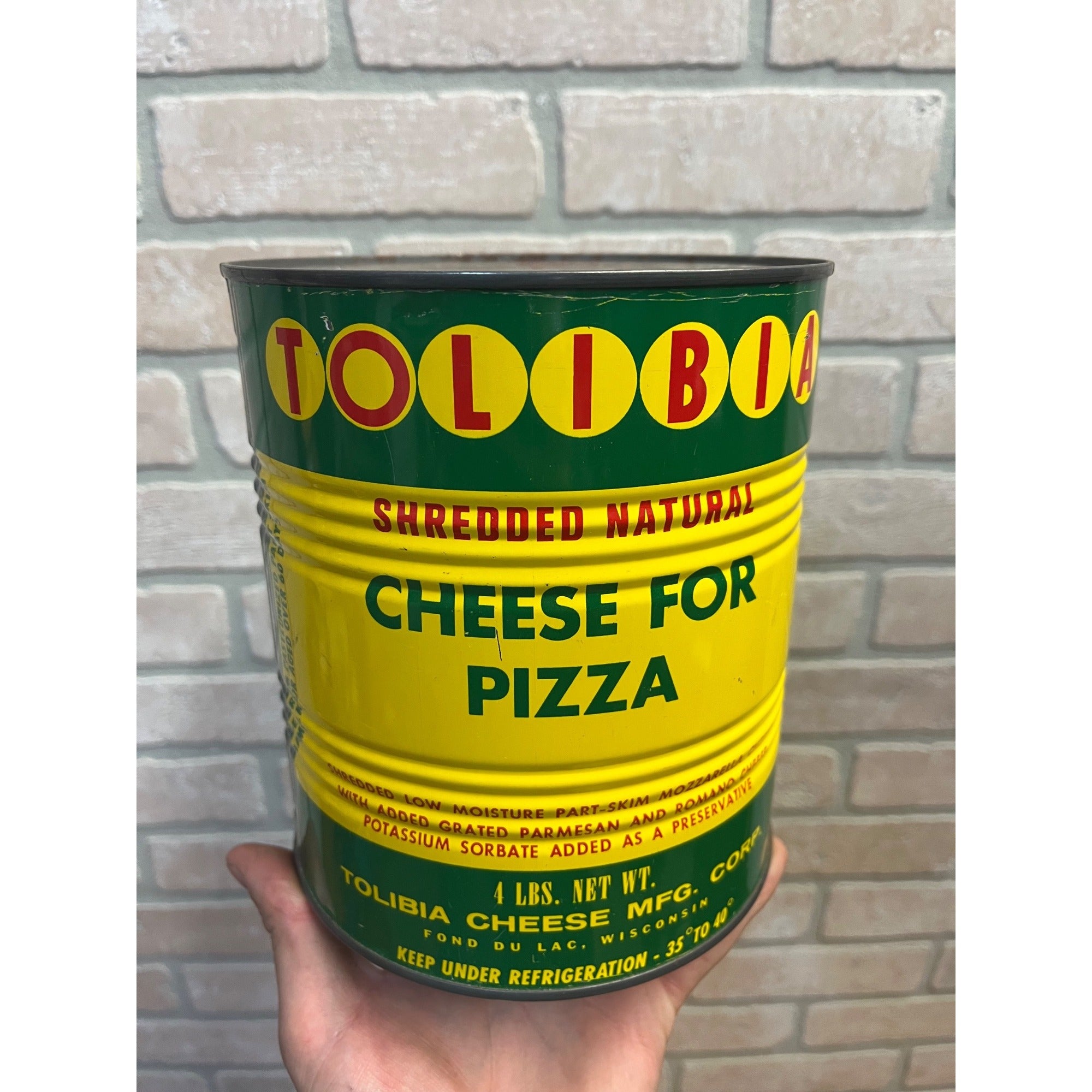 Vintage Tolibia Shredded Cheese for Pizza Advertising Tin Metal Can Kitchen Decor