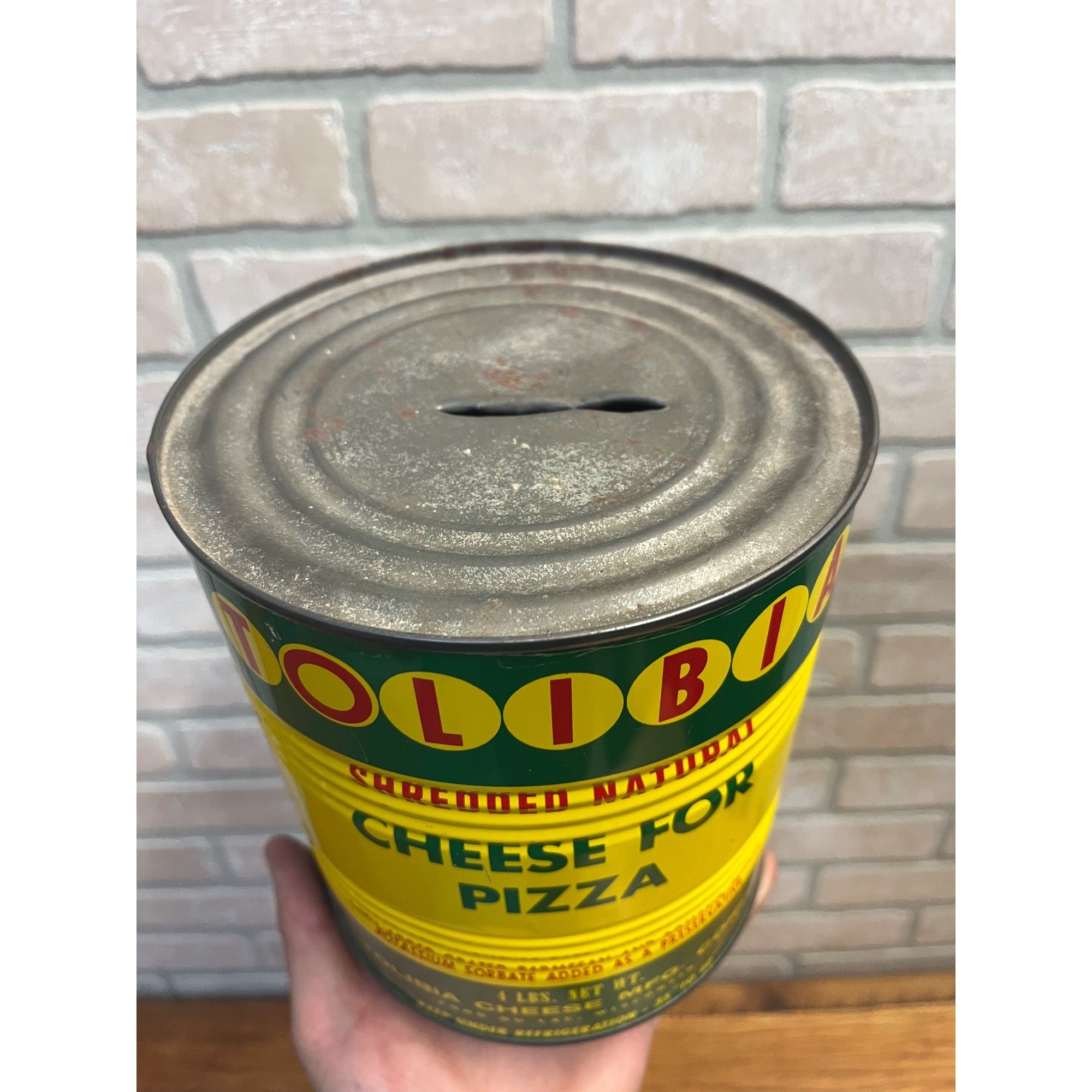 Vintage Tolibia Shredded Cheese for Pizza Advertising Tin Metal Can Kitchen Decor