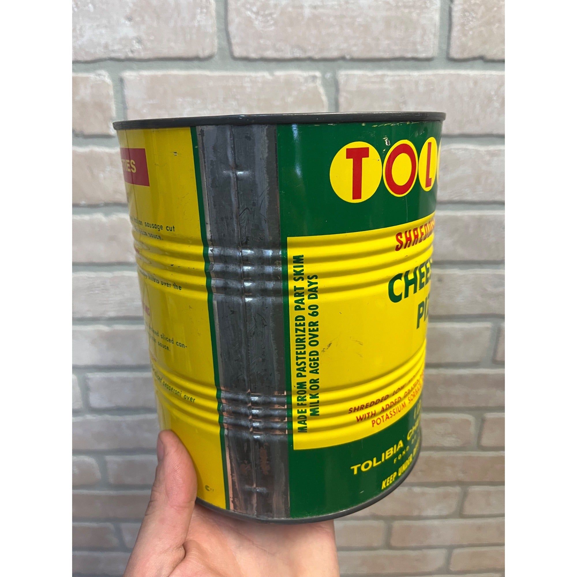 Vintage Tolibia Shredded Cheese for Pizza Advertising Tin Metal Can Kitchen Decor
