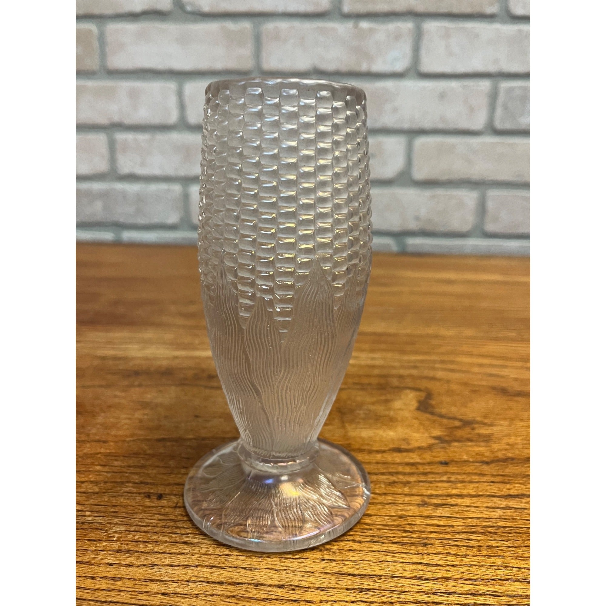 Original Vintage Northwood White Carnival Glass Corn Vase Iridescent Clear 6.5"