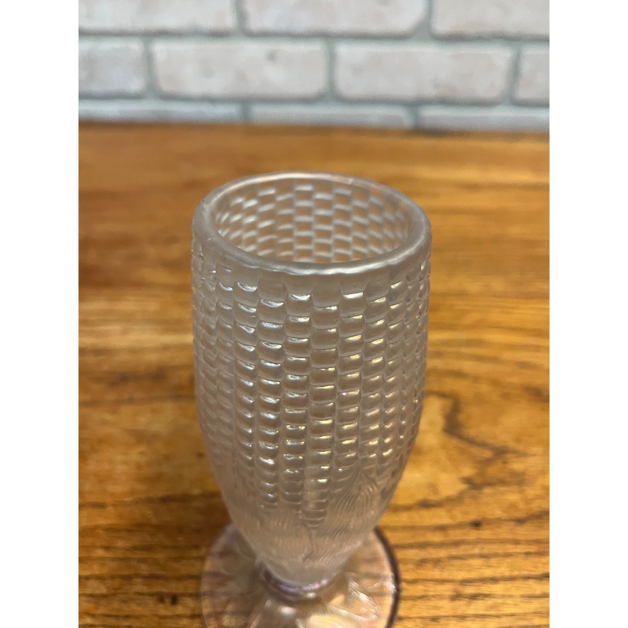 Original Vintage Northwood White Carnival Glass Corn Vase Iridescent Clear 6.5"