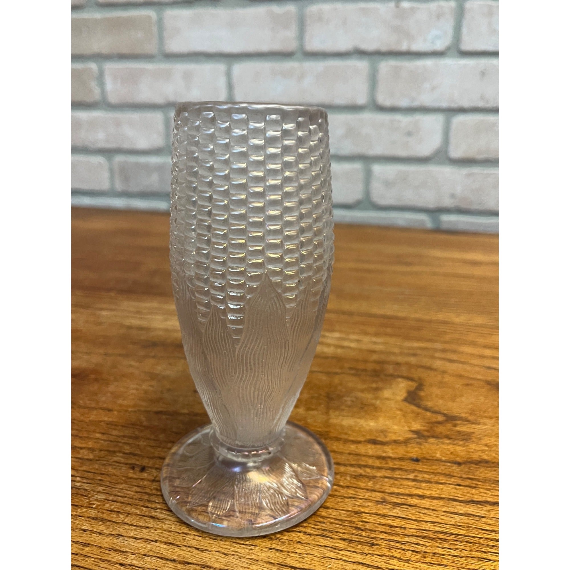 Original Vintage Northwood White Carnival Glass Corn Vase Iridescent Clear 6.5"