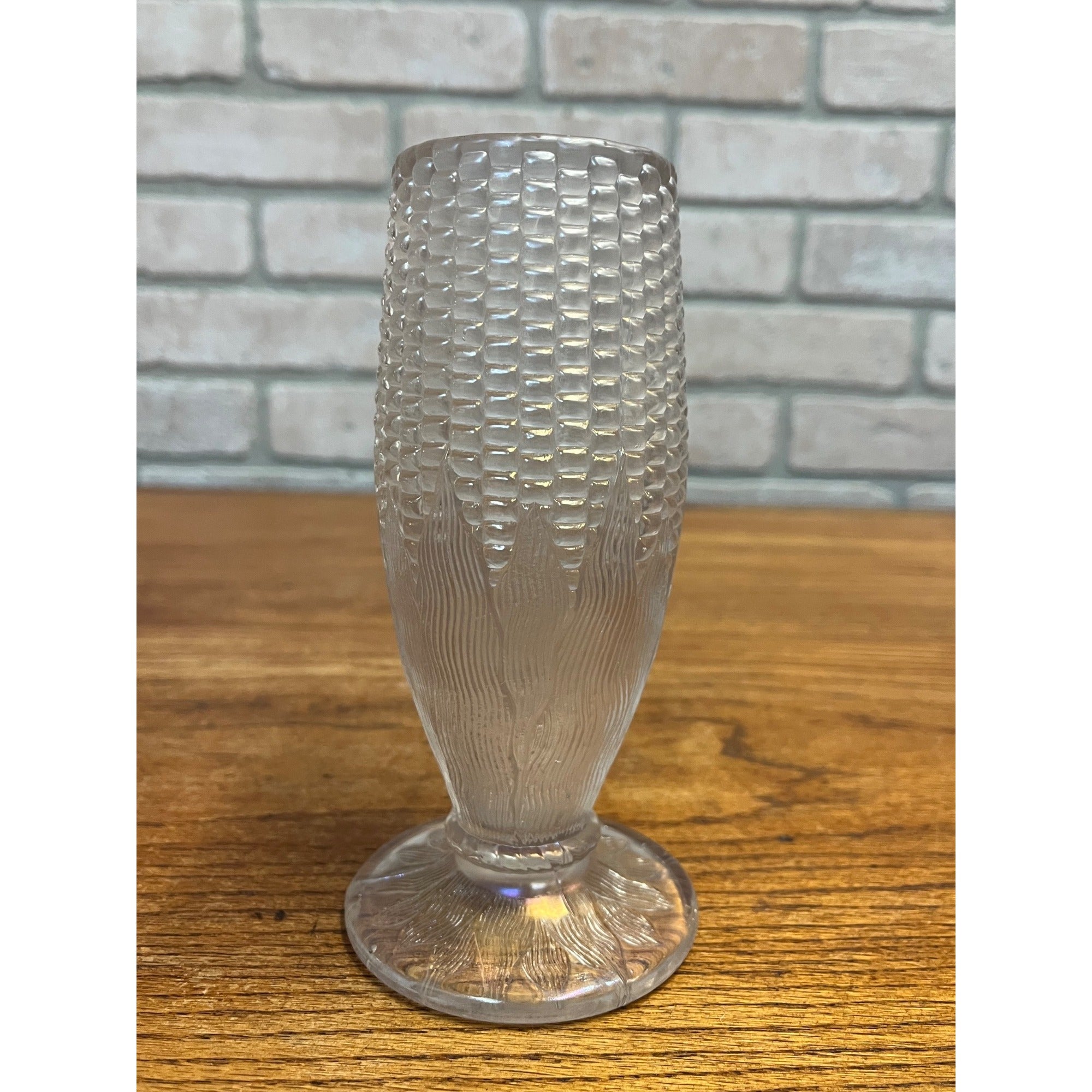 Original Vintage Northwood White Carnival Glass Corn Vase Iridescent Clear 6.5"