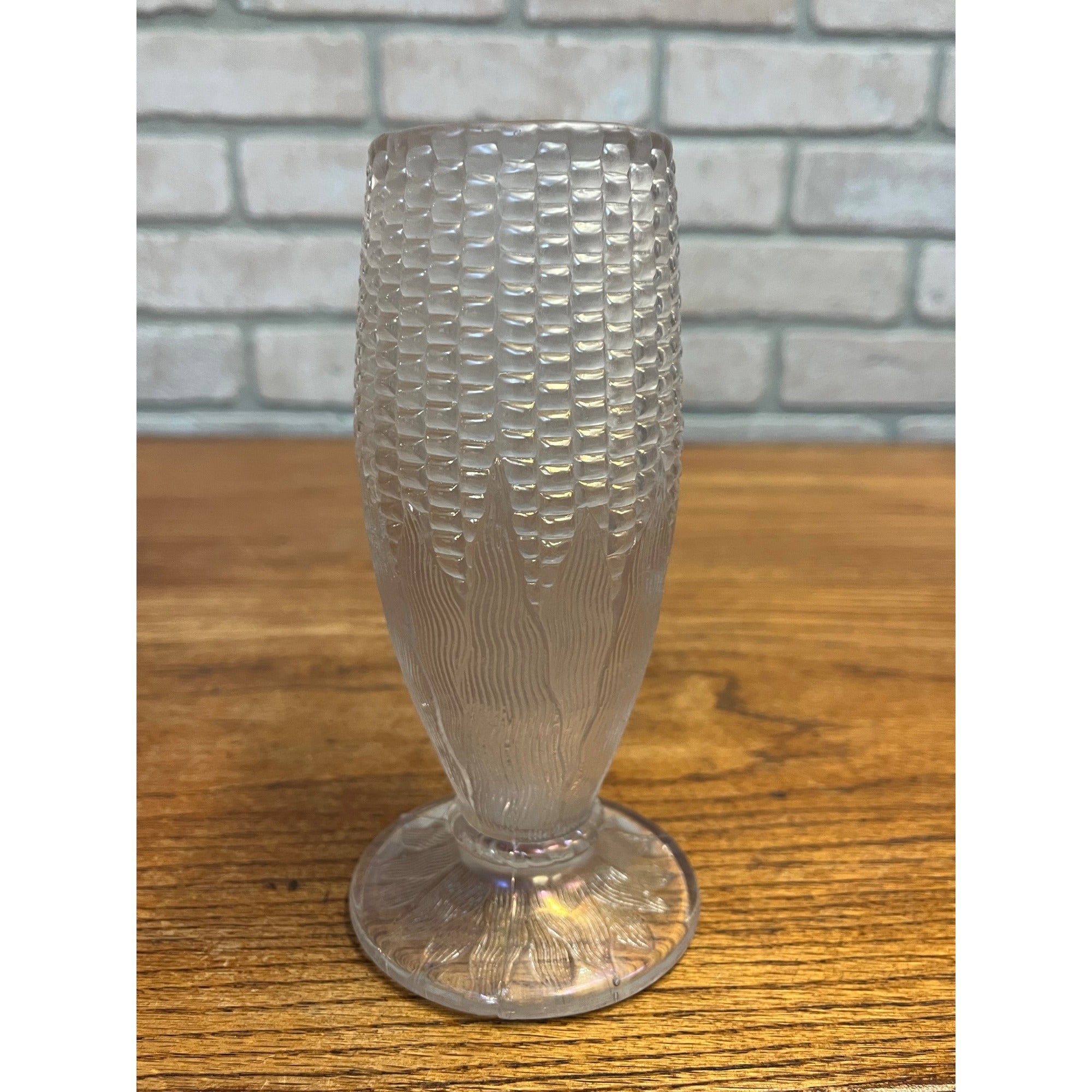 Original Vintage Northwood White Carnival Glass Corn Vase Iridescent Clear 6.5"