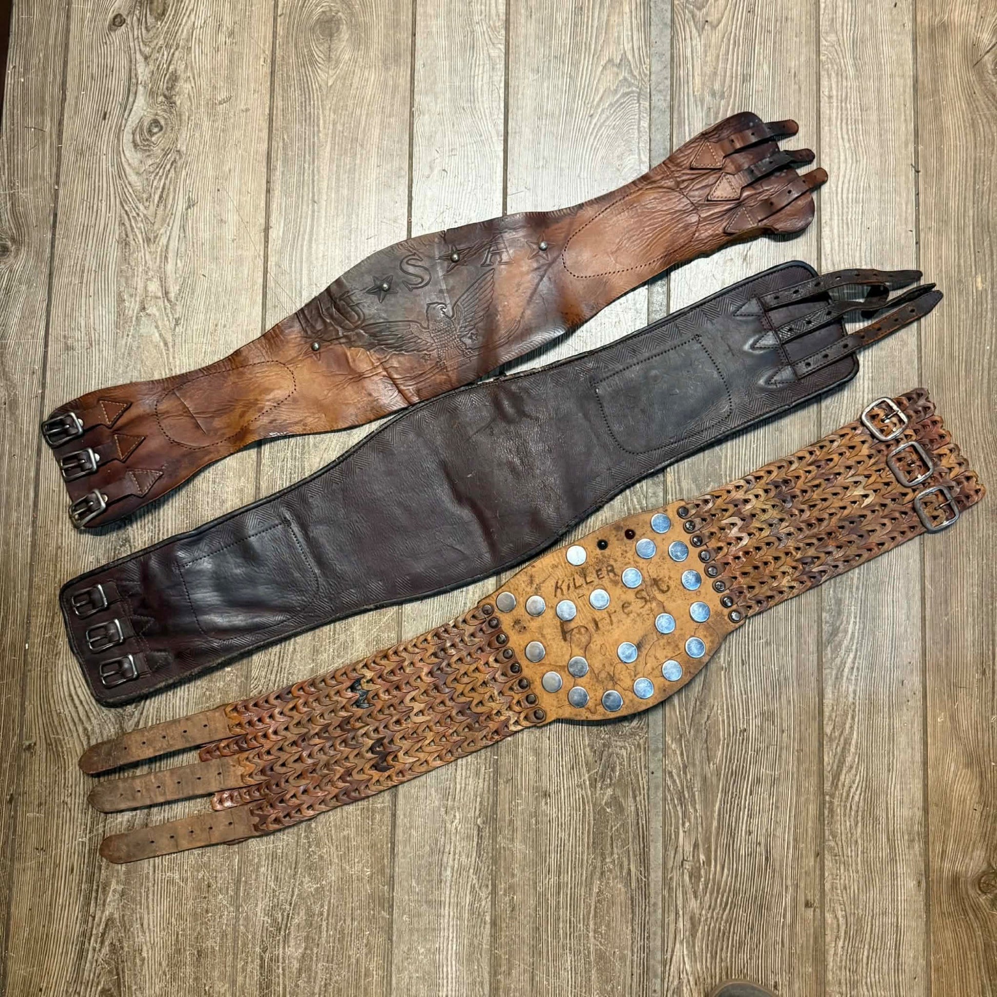 Original Vintage 1930s Leather Motorcycle Kidney Belts Folk Art Americana Garage