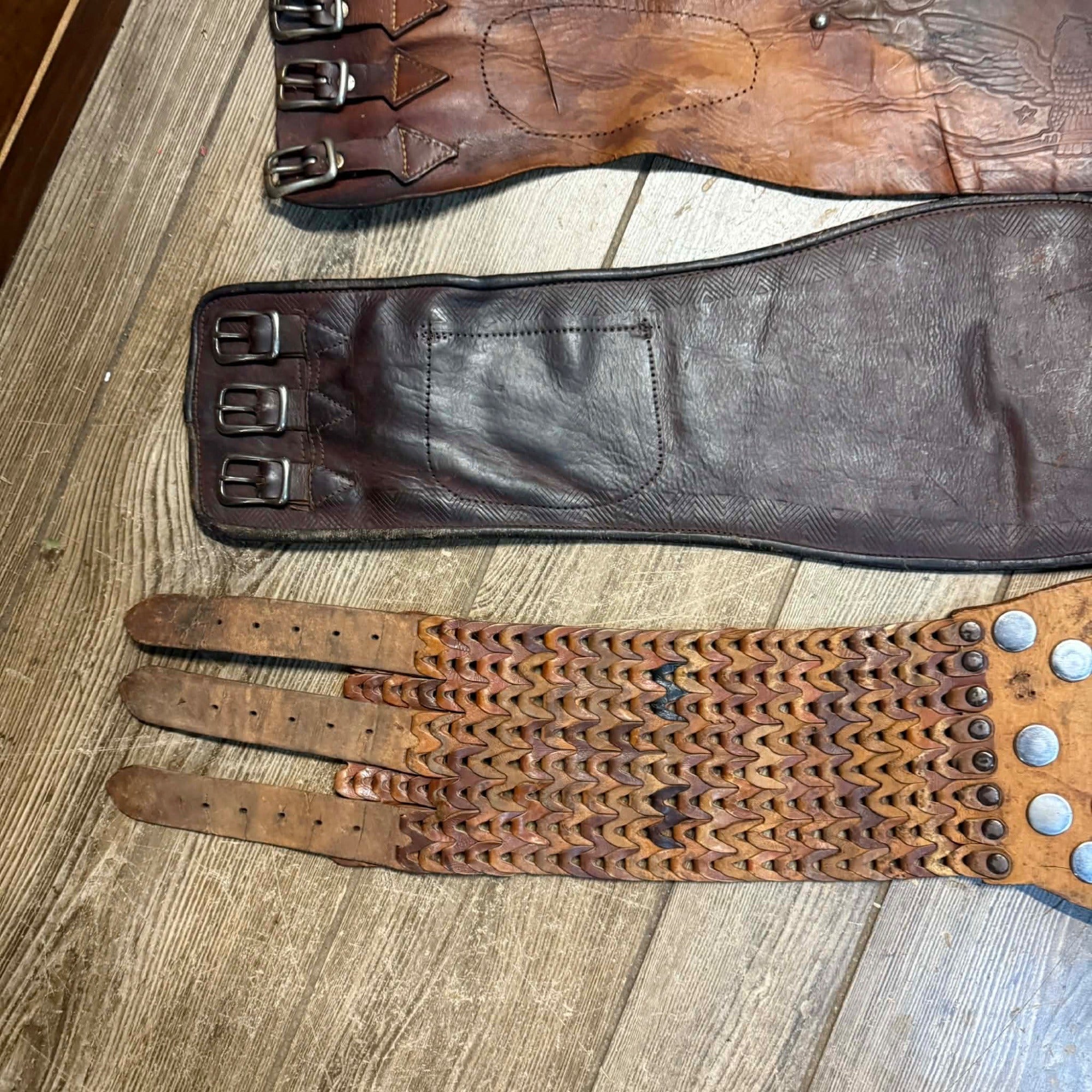 Original Vintage 1930s Leather Motorcycle Kidney Belts Folk Art Americana Garage