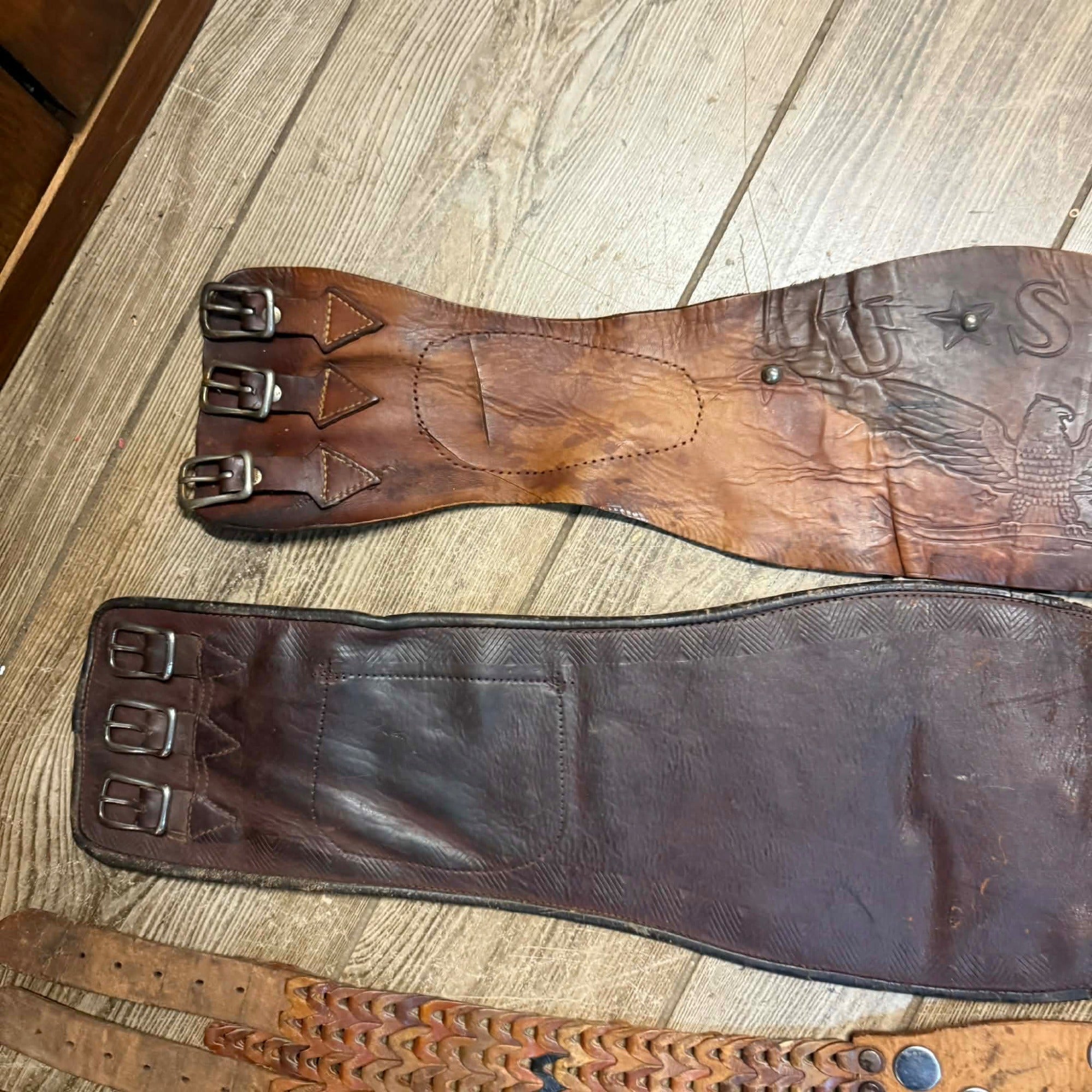 Original Vintage 1930s Leather Motorcycle Kidney Belts Folk Art Americana Garage