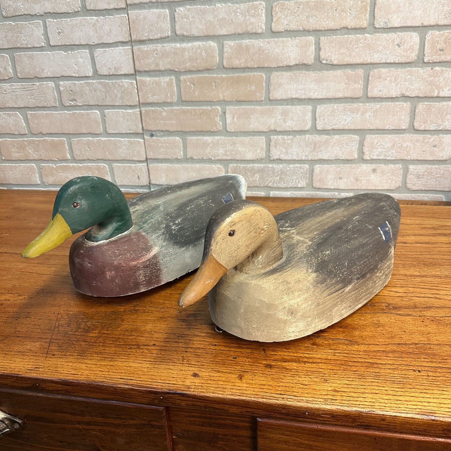 Vintage Pair Herters Mallards Drakes Hen Oversized Duck Decoys Set Fine Balsa