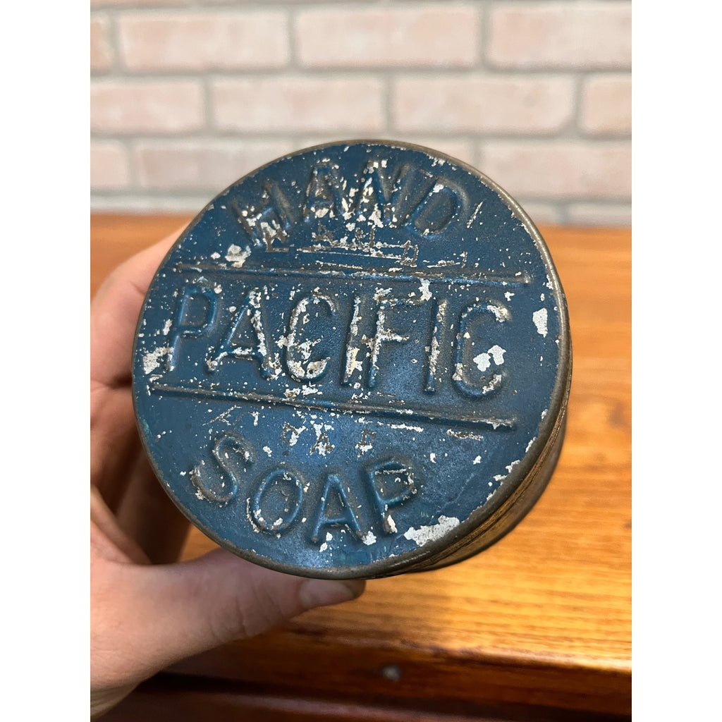 Antique Primitive Pacific Hand Soap 1890s Embossed Lid Blue Paint Original Farmhouse