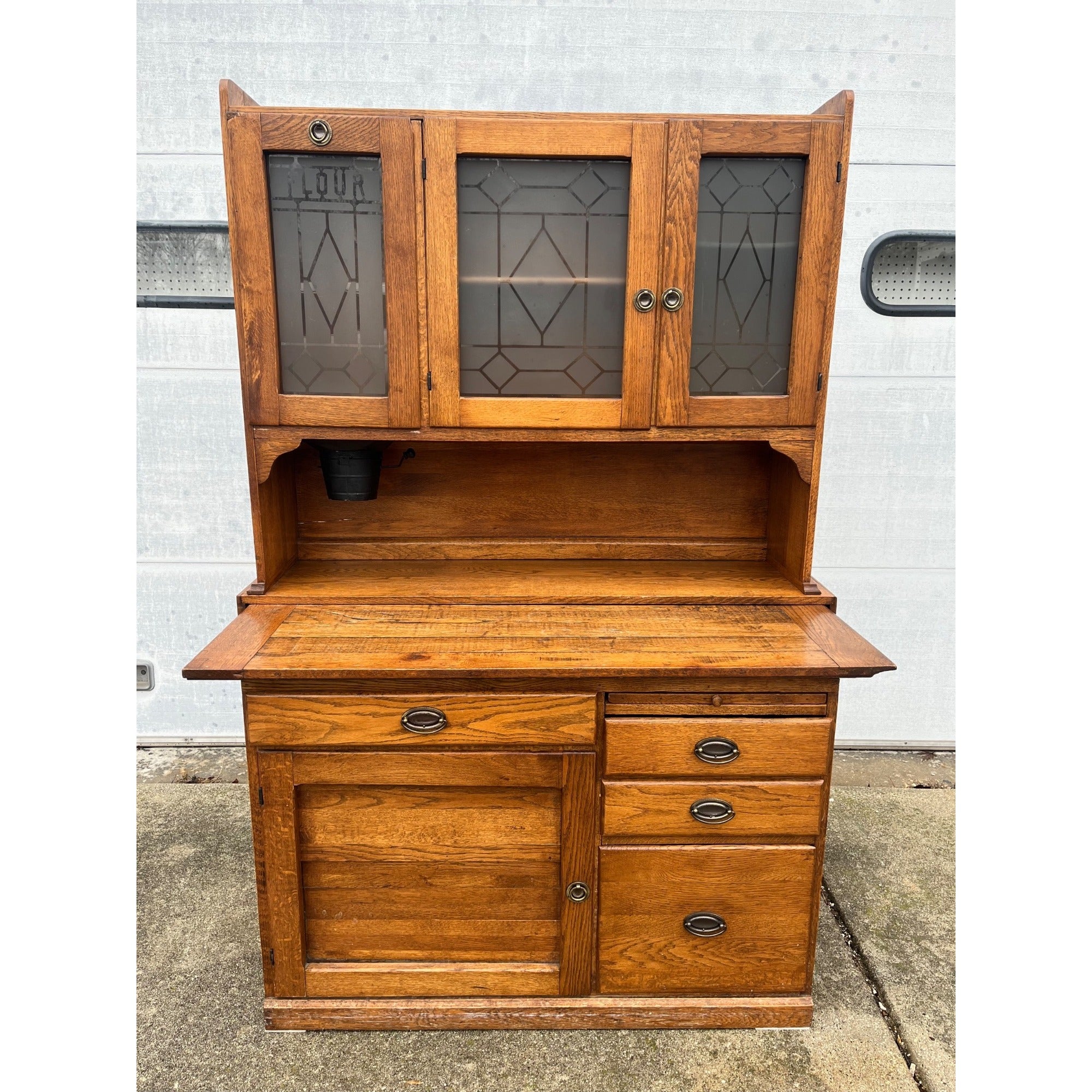 Antique c1905 Hoosier-Style Kitchen Cabinet & Workstation Frosted Panels