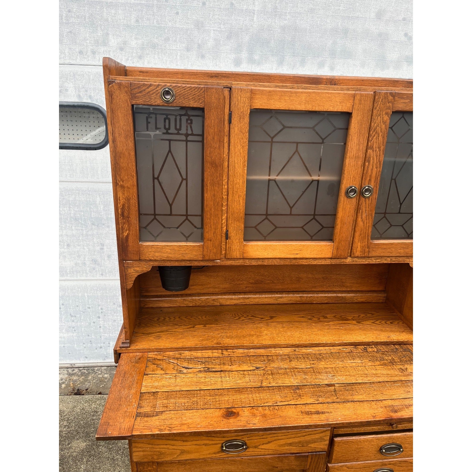 Antique c1905 Hoosier-Style Kitchen Cabinet & Workstation Frosted Panels