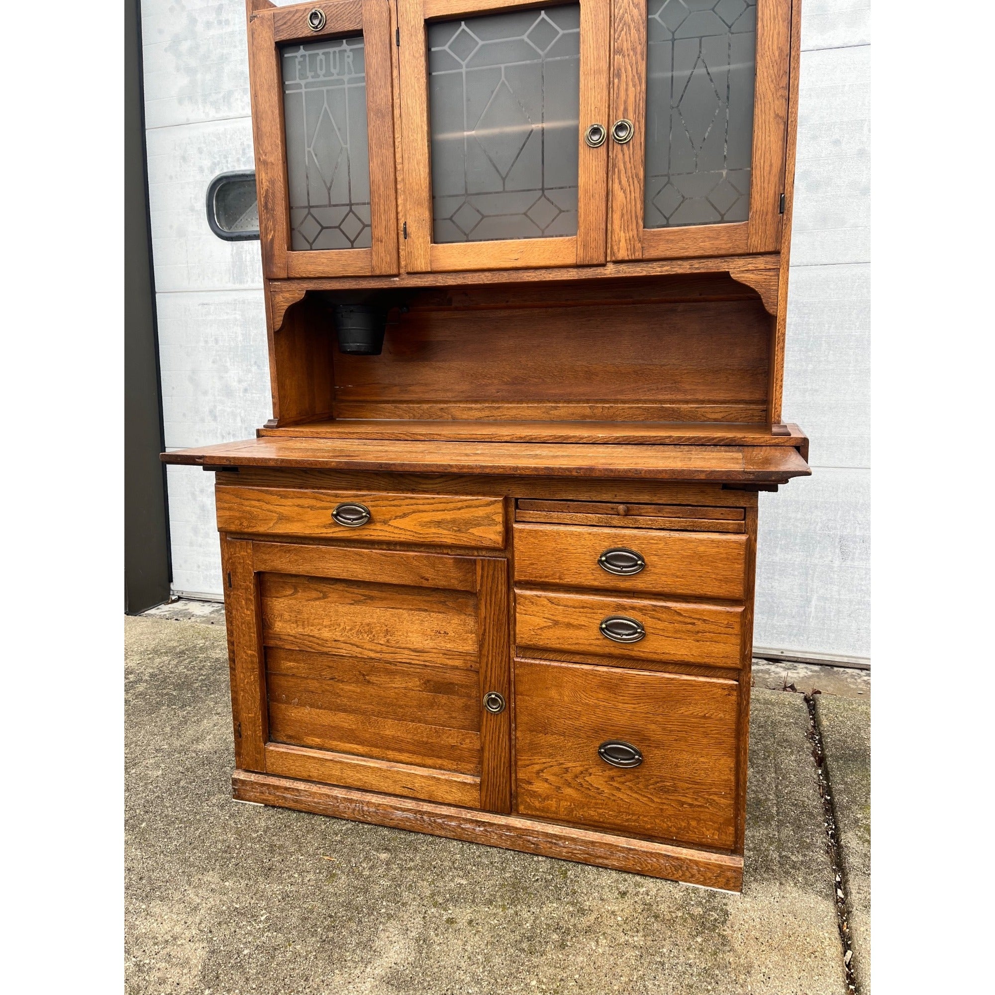 Antique c1905 Hoosier-Style Kitchen Cabinet & Workstation Frosted Panels