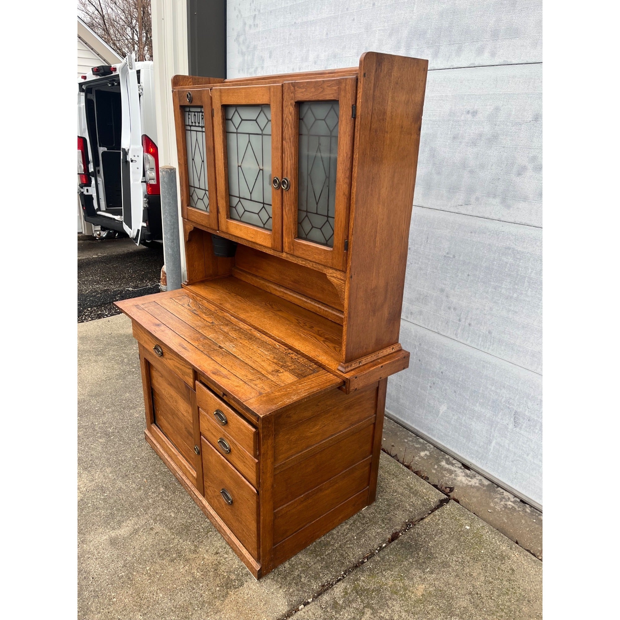 Antique c1905 Hoosier-Style Kitchen Cabinet & Workstation Frosted Panels