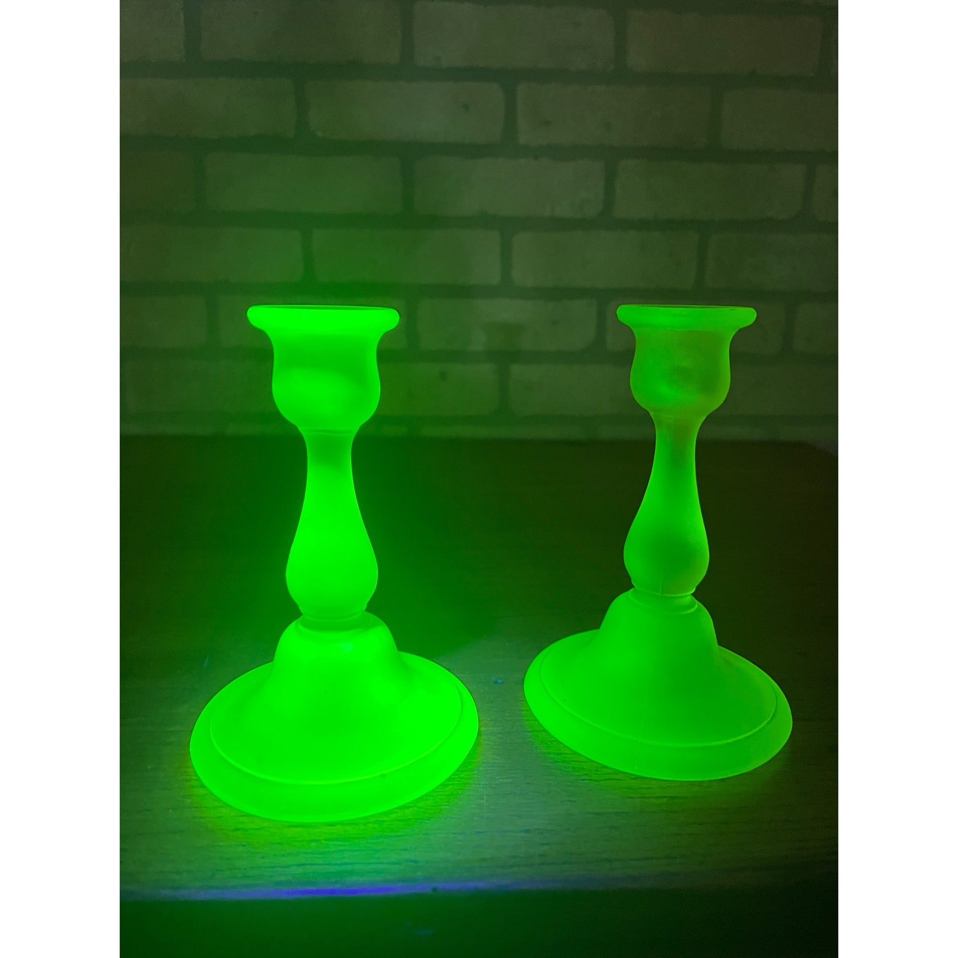 Vintage Tiffin Glass Co Canary Yellow Satin Frosted Uranium Candle Sticks Holders Pair