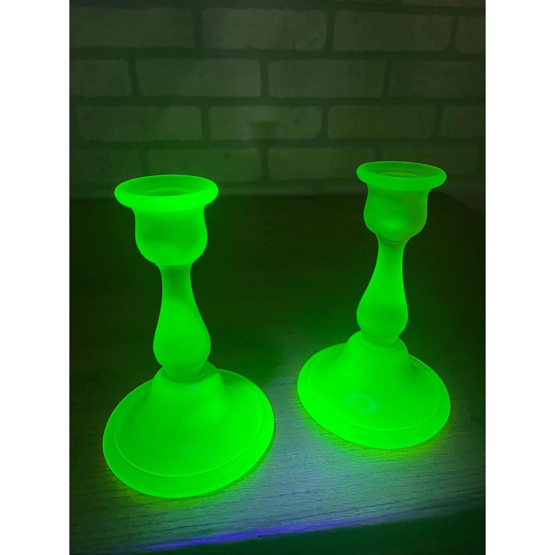 Vintage Tiffin Glass Co Canary Yellow Satin Frosted Uranium Candle Sticks Holders Pair