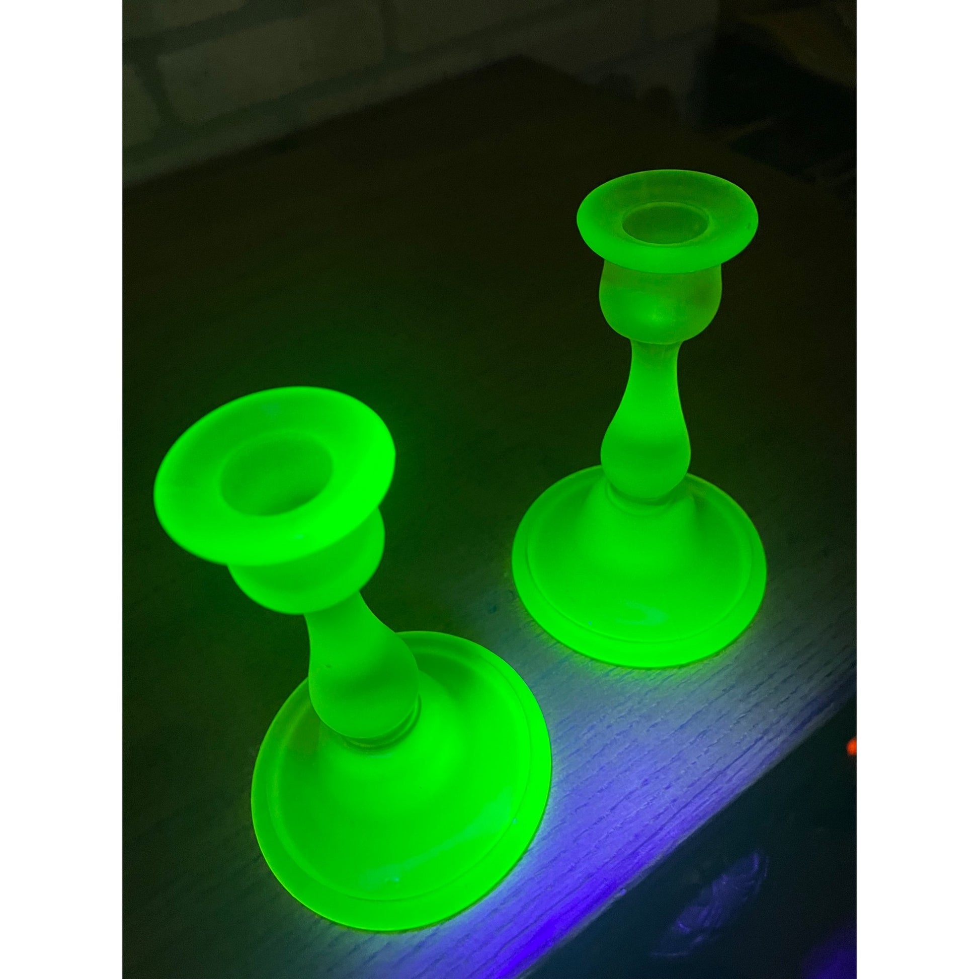 Vintage Tiffin Glass Co Canary Yellow Satin Frosted Uranium Candle Sticks Holders Pair