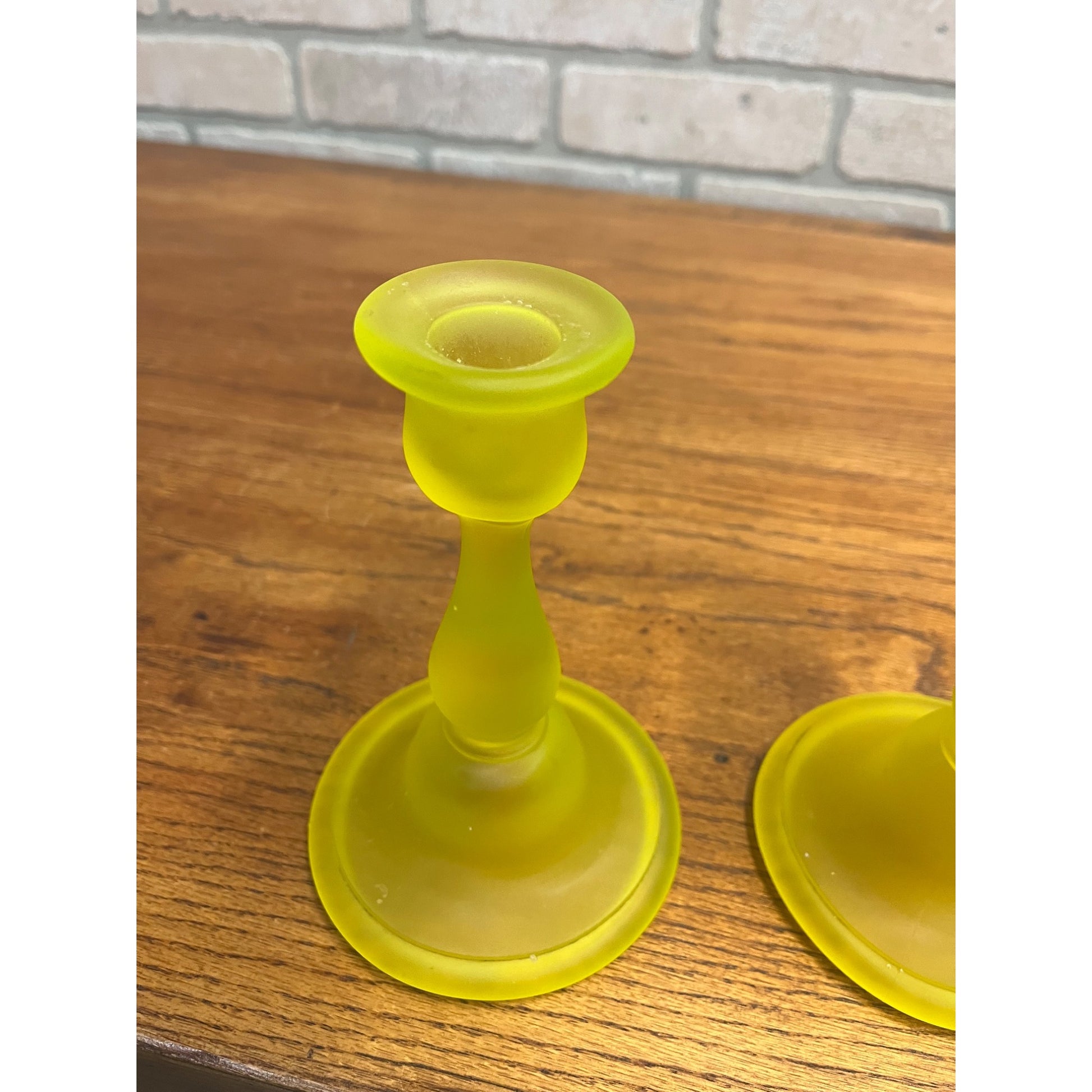 Vintage Tiffin Glass Co Canary Yellow Satin Frosted Uranium Candle Sticks Holders Pair
