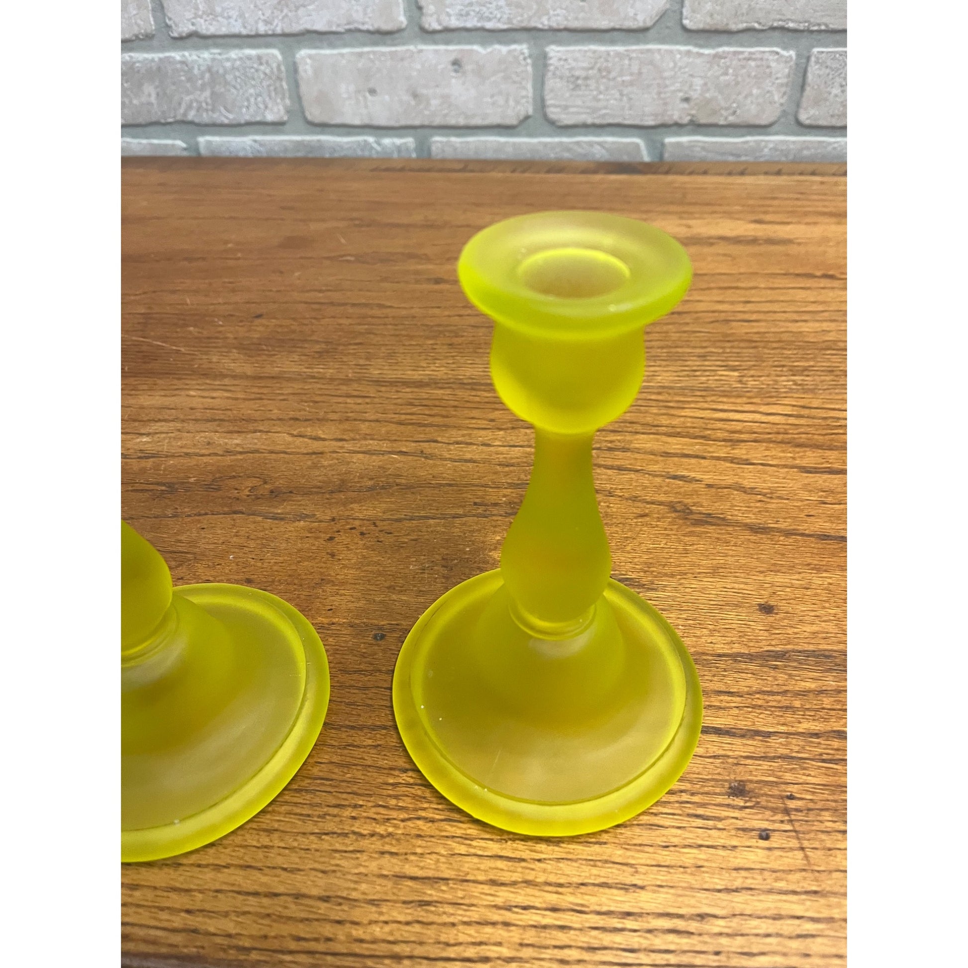 Vintage Tiffin Glass Co Canary Yellow Satin Frosted Uranium Candle Sticks Holders Pair