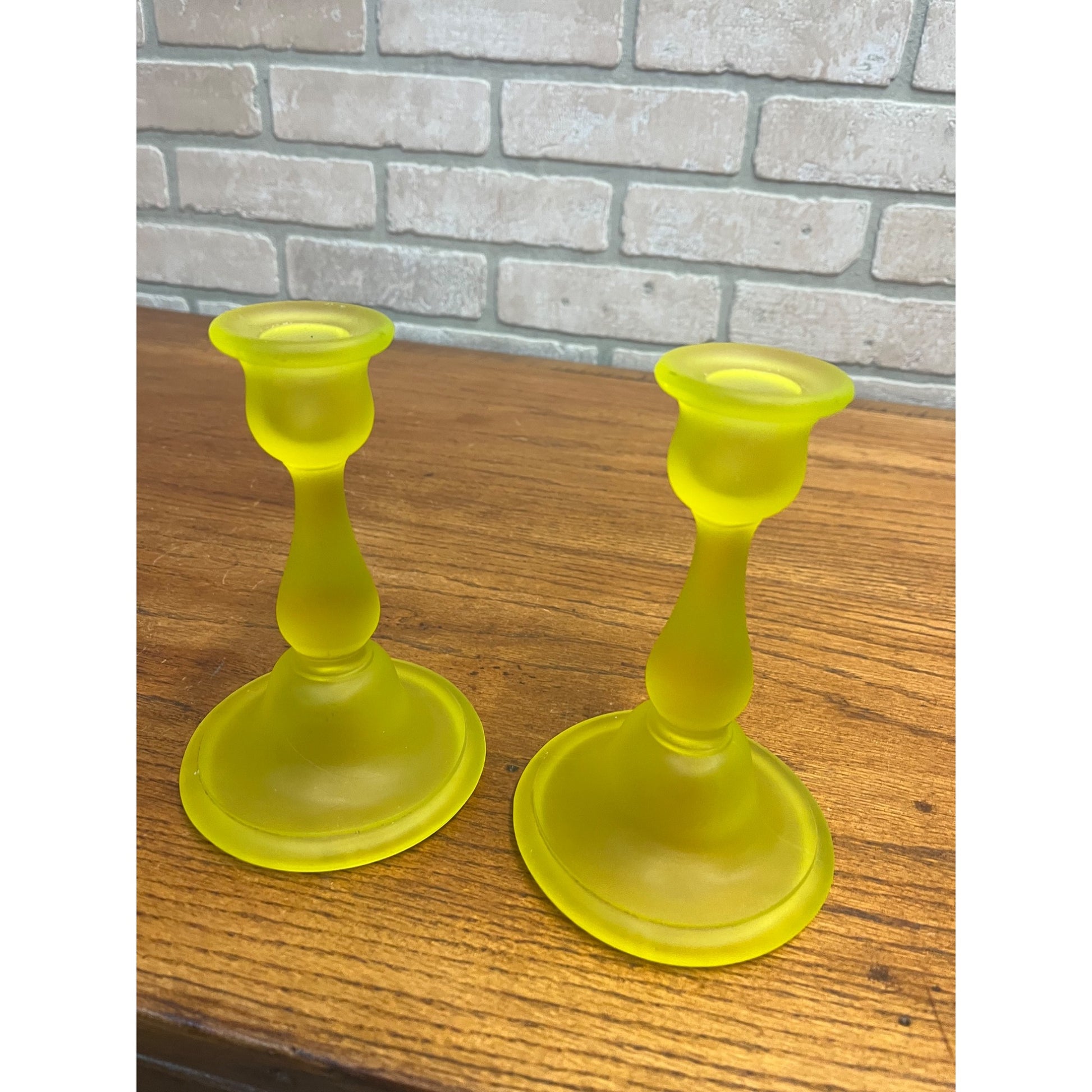 Vintage Tiffin Glass Co Canary Yellow Satin Frosted Uranium Candle Sticks Holders Pair