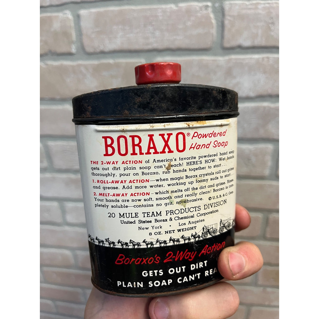 Vintage Boraxo Powered Hand Soap 20 Mule Team Advertising Empty Tin Can