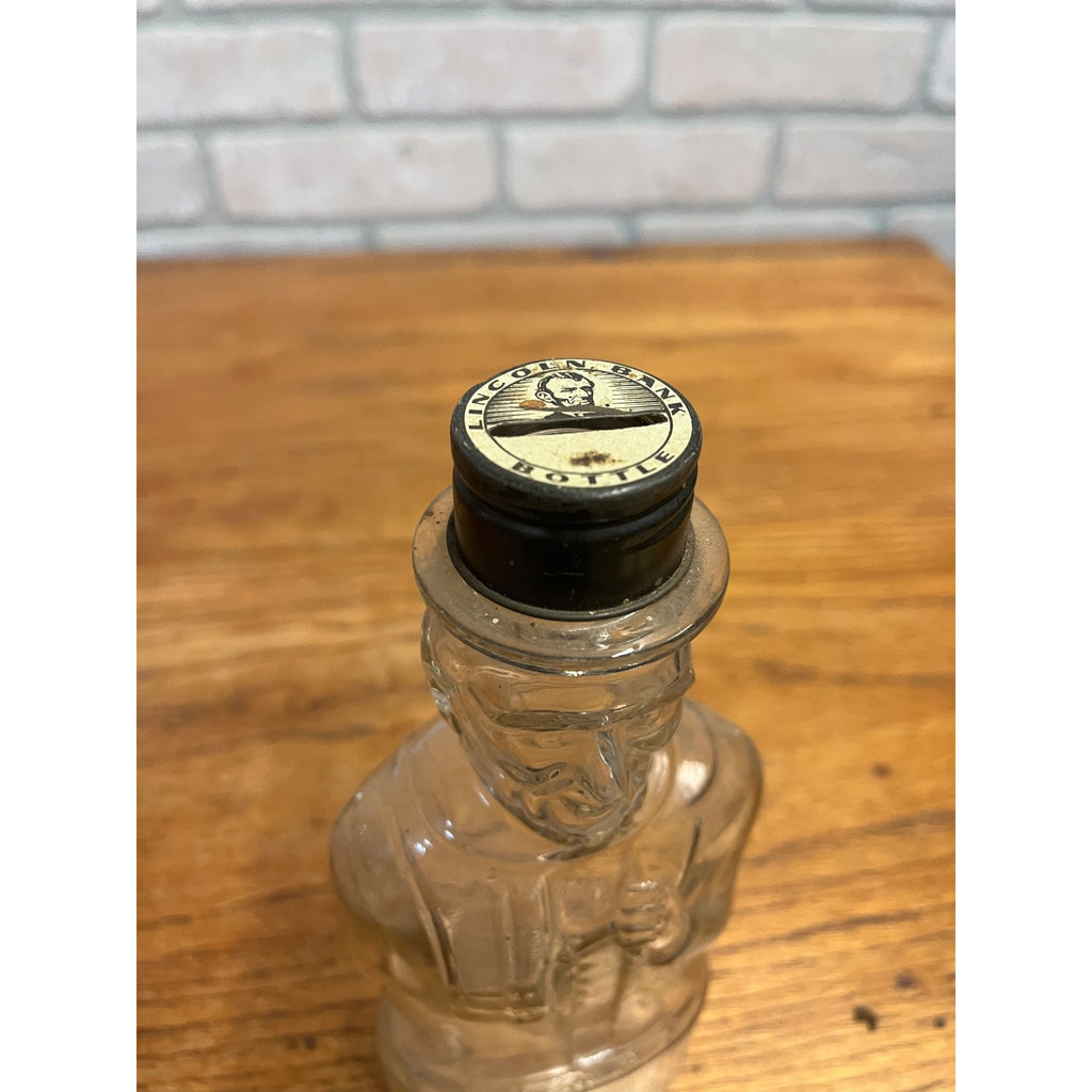 Vintage 1950s Lincoln Bank Bottle Figural Embossed Clear Glass 8.75" Tall