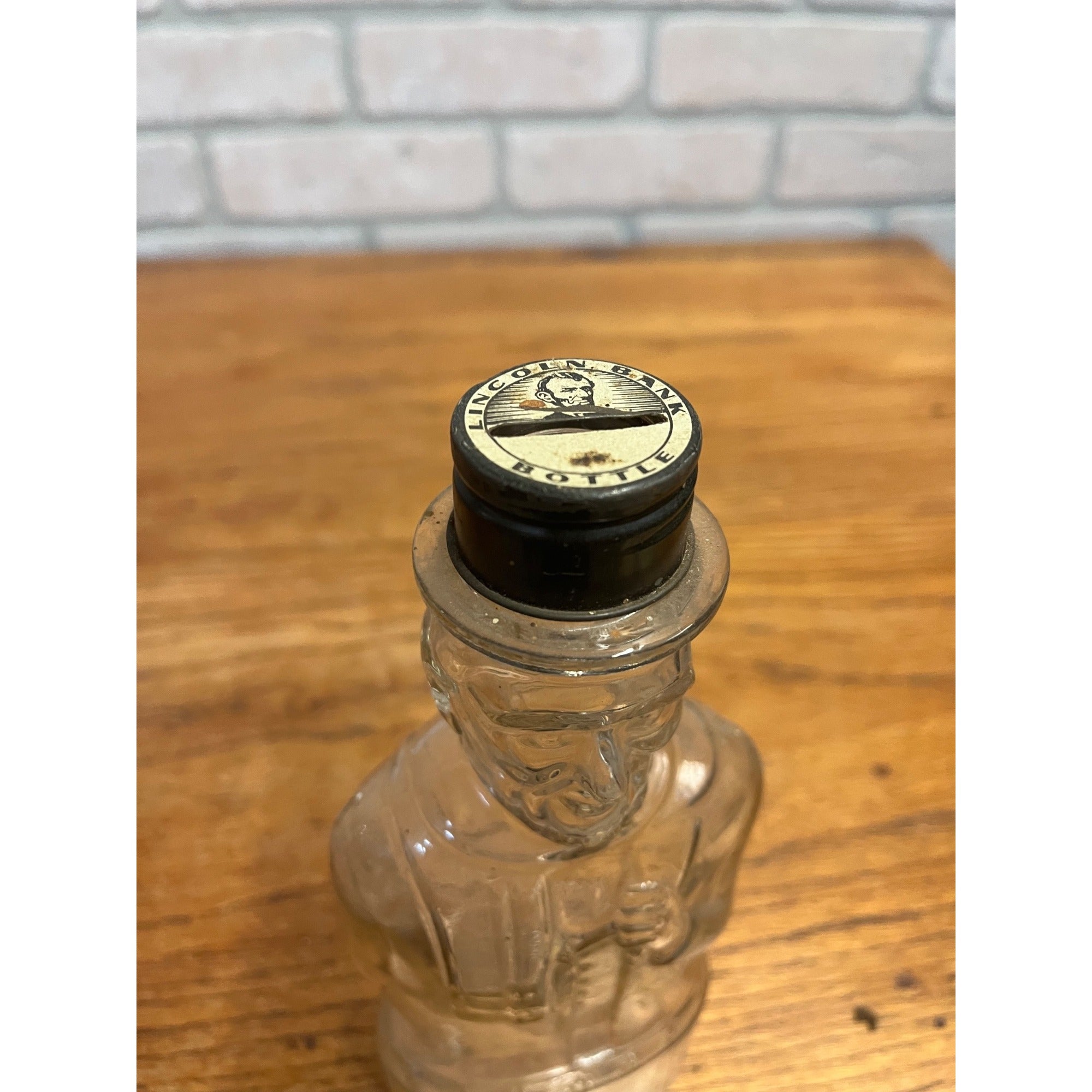 Vintage 1950s Lincoln Bank Bottle Figural Embossed Clear Glass 8.75" Tall