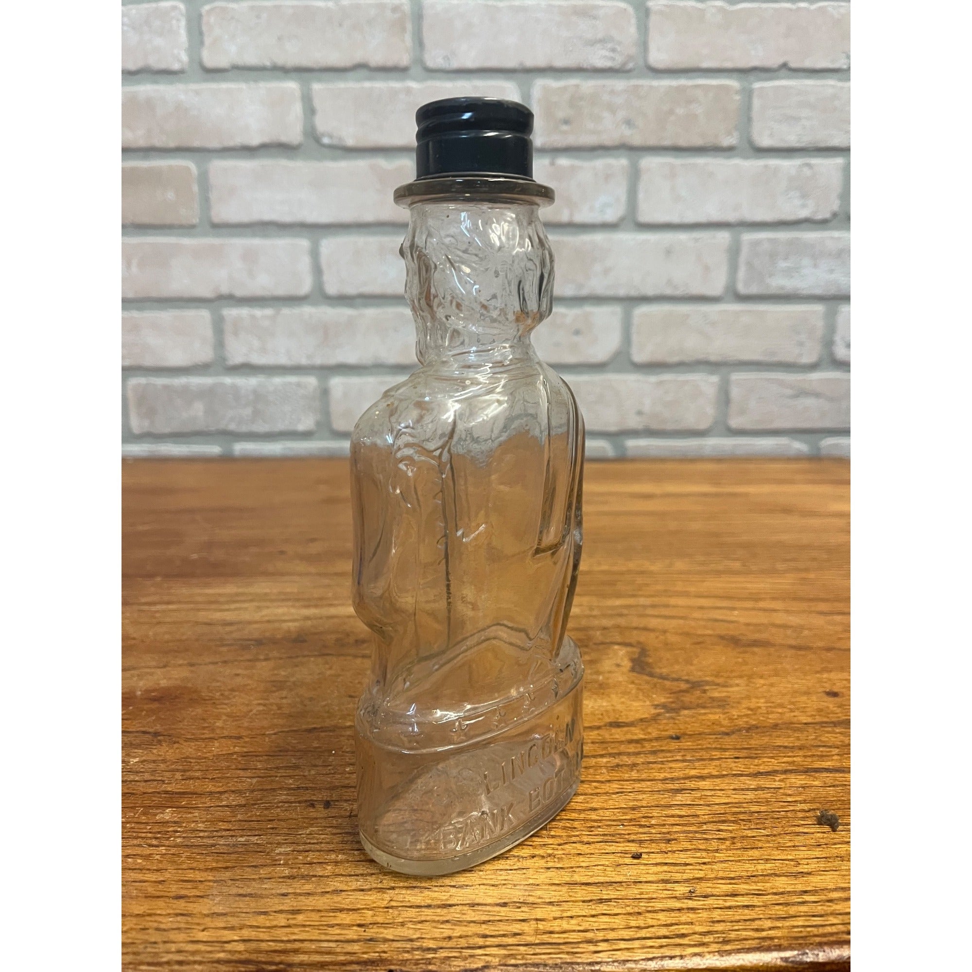 Vintage 1950s Lincoln Bank Bottle Figural Embossed Clear Glass 8.75" Tall