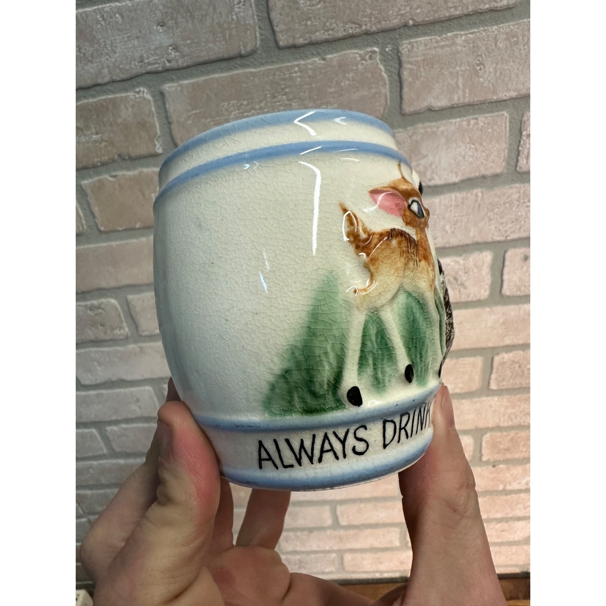 1950's Ceramic Child's Mug "Always Drink Milk" Anthropomorphic Deer Mug Cup