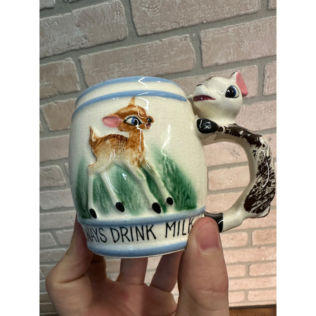 1950's Ceramic Child's Mug "Always Drink Milk" Anthropomorphic Deer Mug Cup