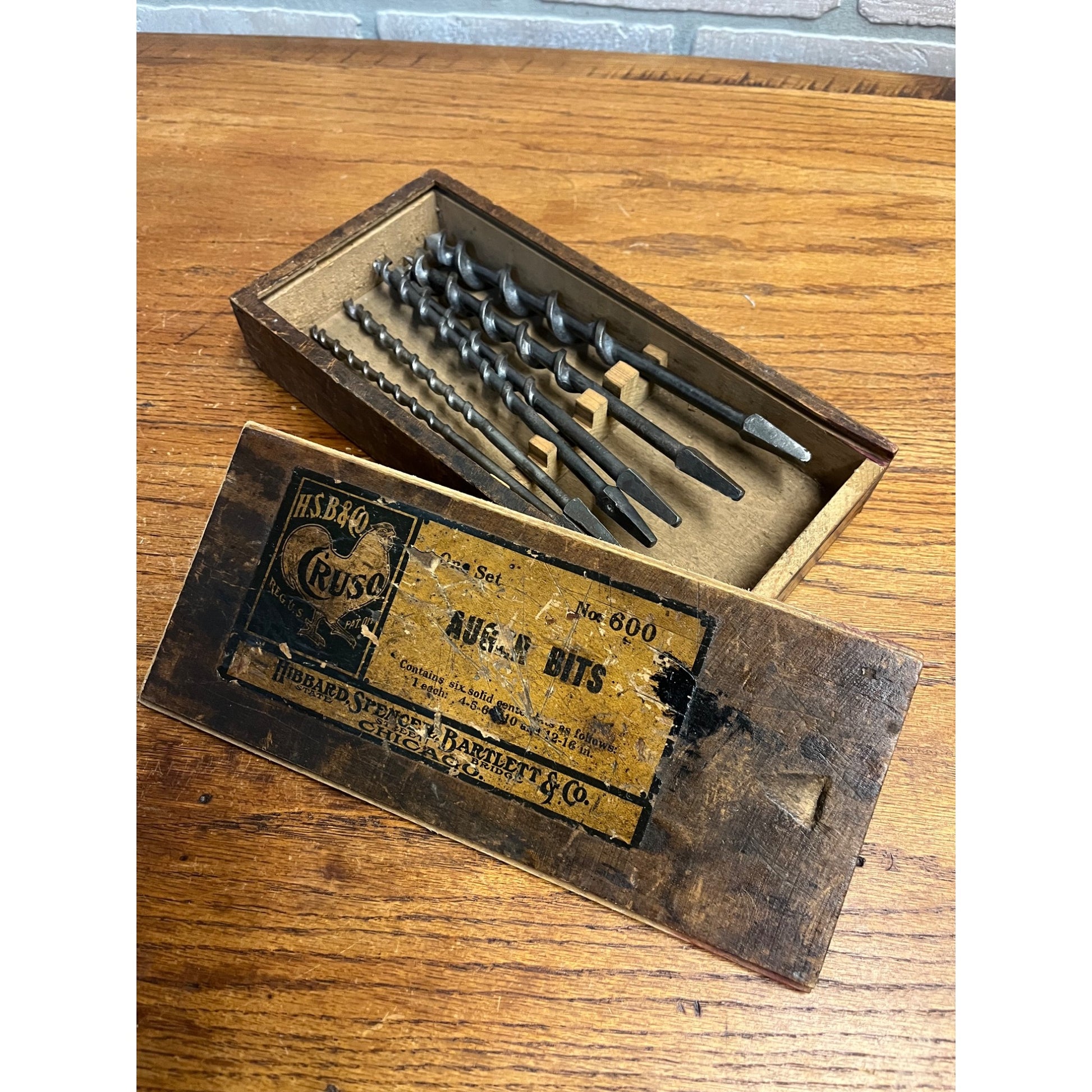 Vintage 190s Cruso HSB Co. Hand Brace Auger Bits w/ Wooden Box  Hibbard Spencer