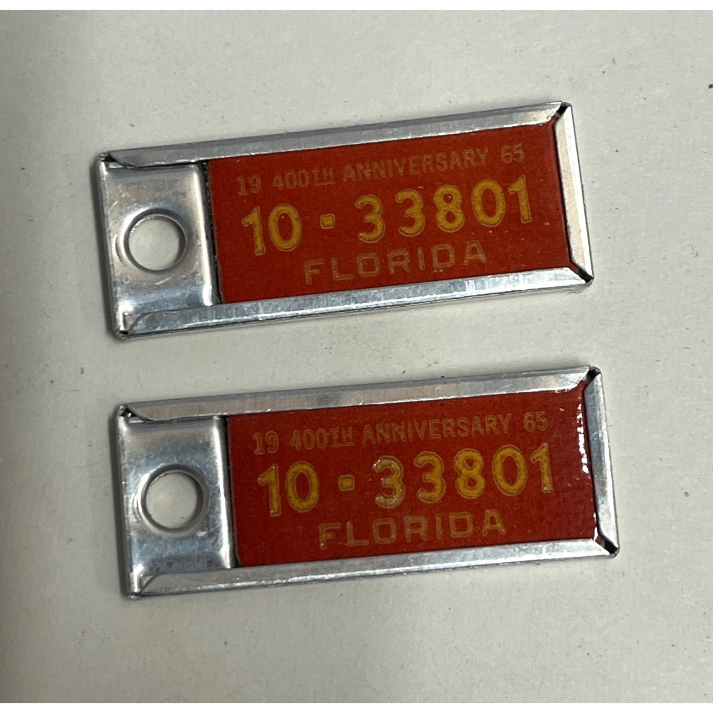 Vintage Pair 1965 Florida License Plate Tag Keychain DAV Mini Disabled Vets 400th