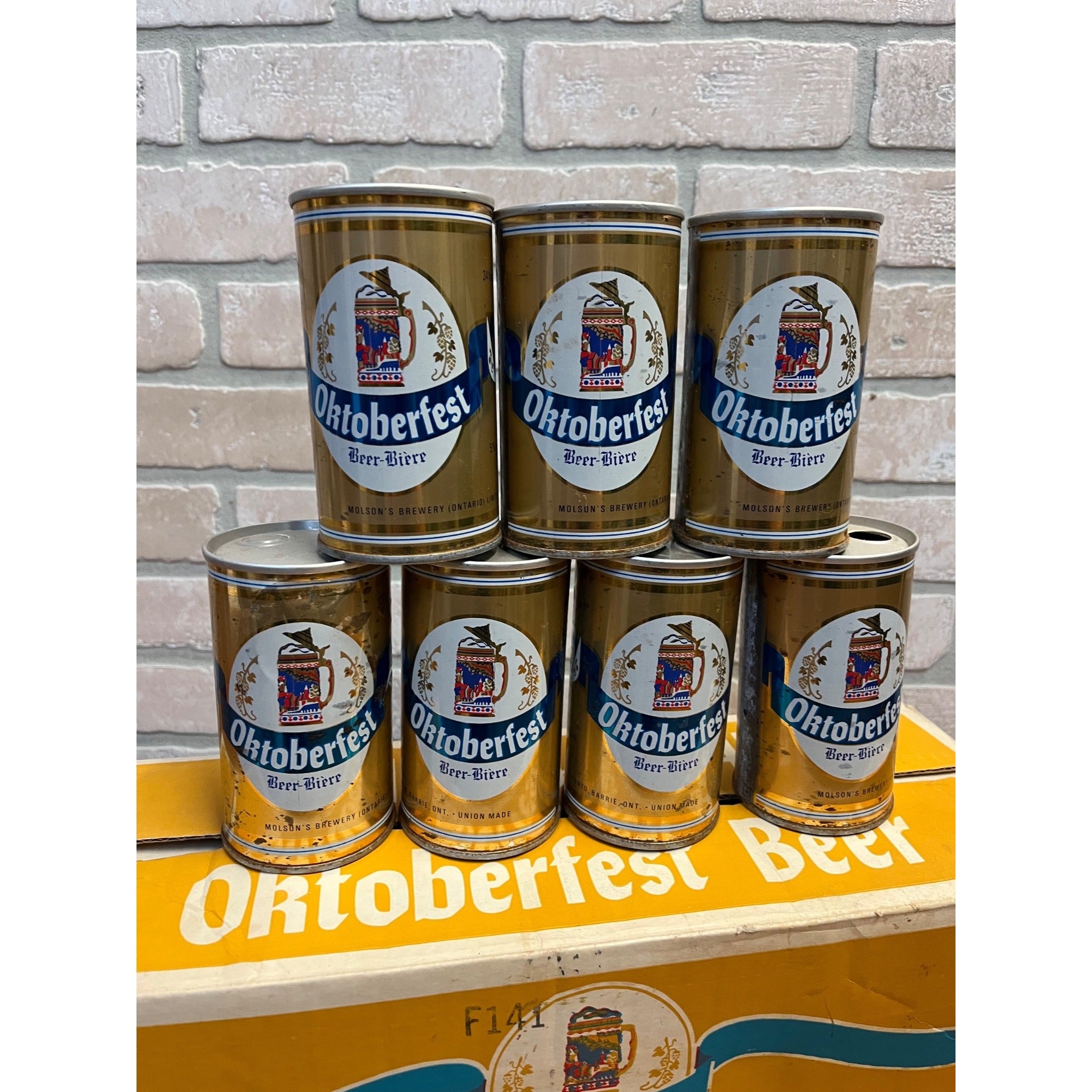 Vintage 1970s Oktoberfest Molson's Beer Push Button Beer Cans (7) + Original Box
