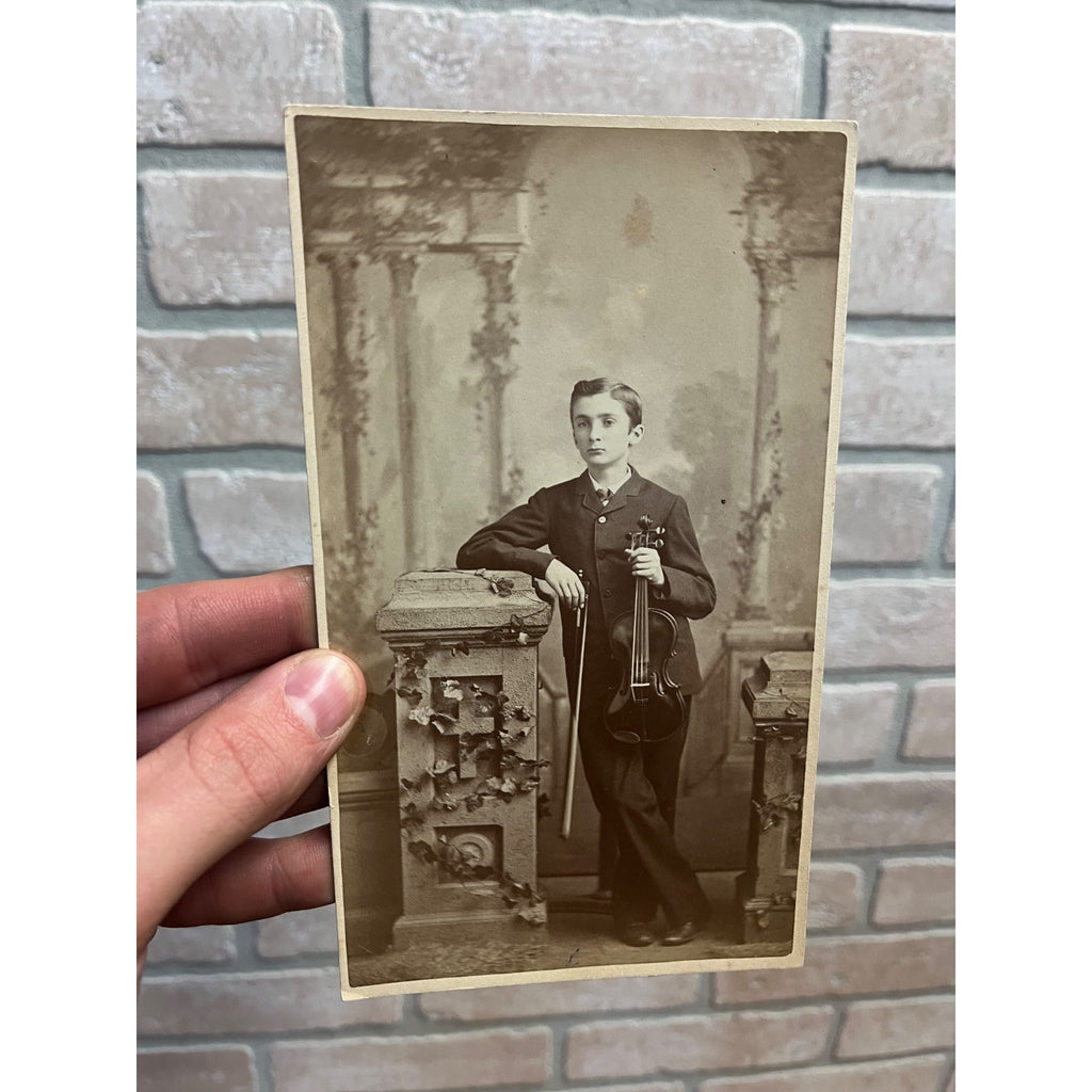 Antique Cabinet Card Photo Young Boy With Violin Flint Michigan MI Foote