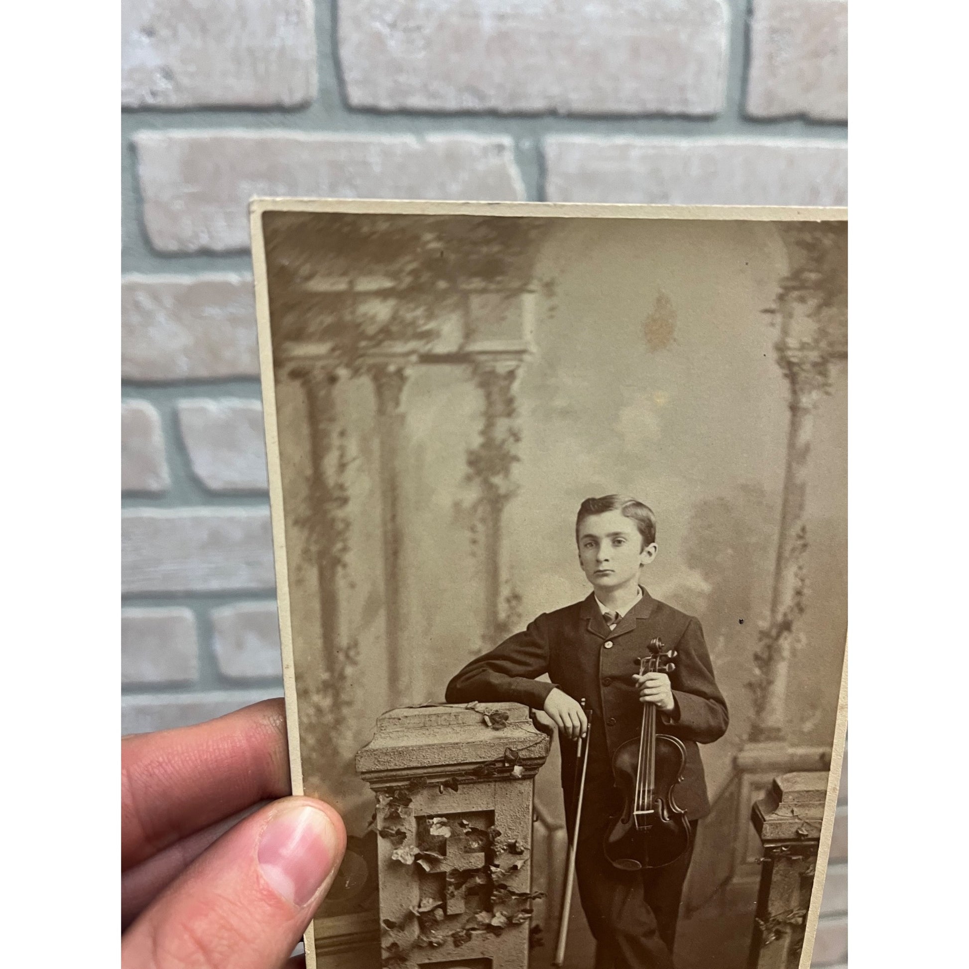 Antique Cabinet Card Photo Young Boy With Violin Flint Michigan MI Foote