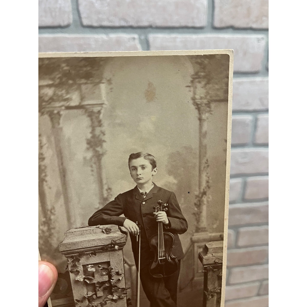 Antique Cabinet Card Photo Young Boy With Violin Flint Michigan MI Foote