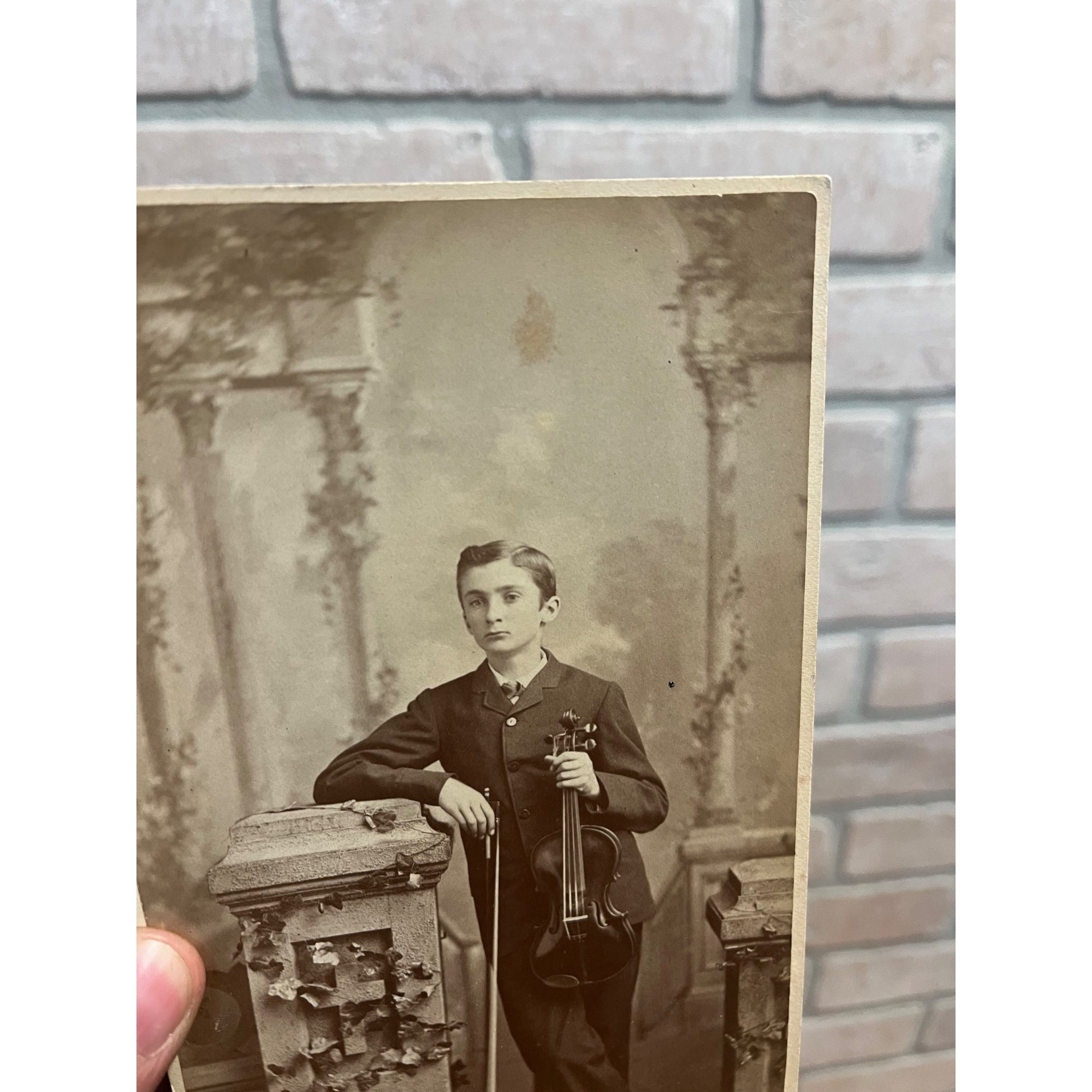 Antique Cabinet Card Photo Young Boy With Violin Flint Michigan MI Foote