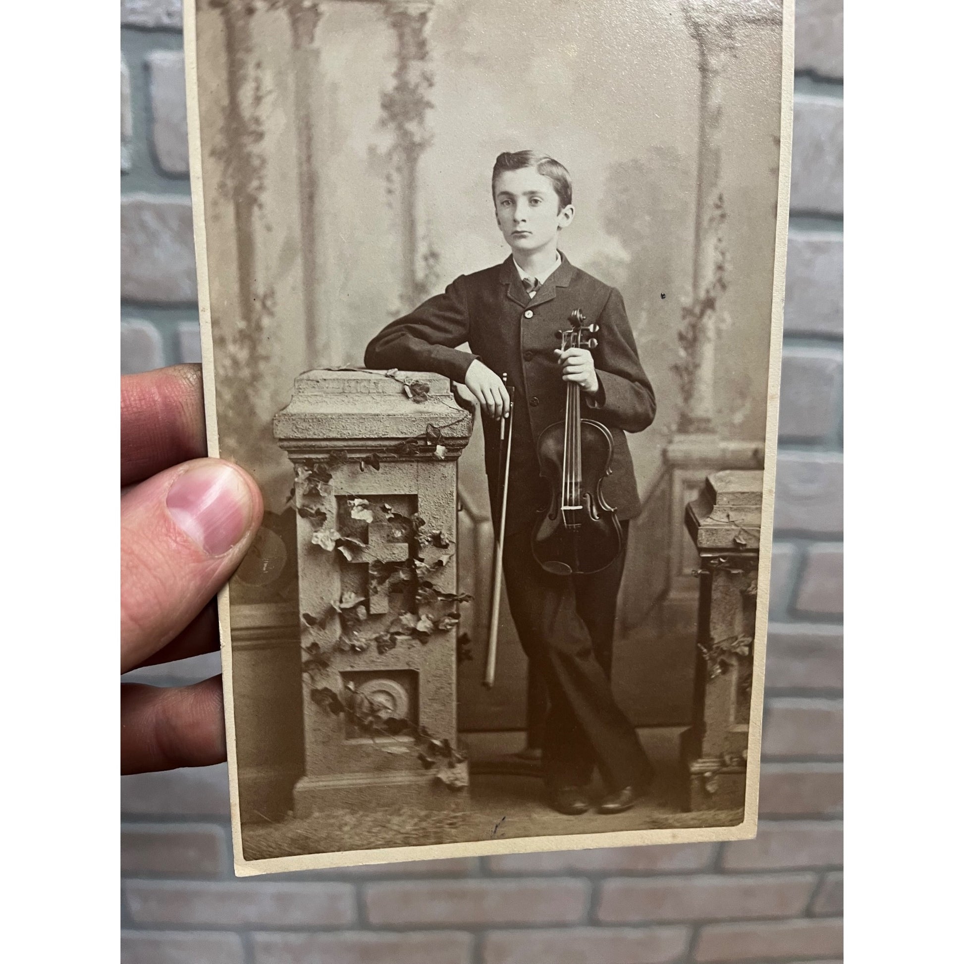 Antique Cabinet Card Photo Young Boy With Violin Flint Michigan MI Foote