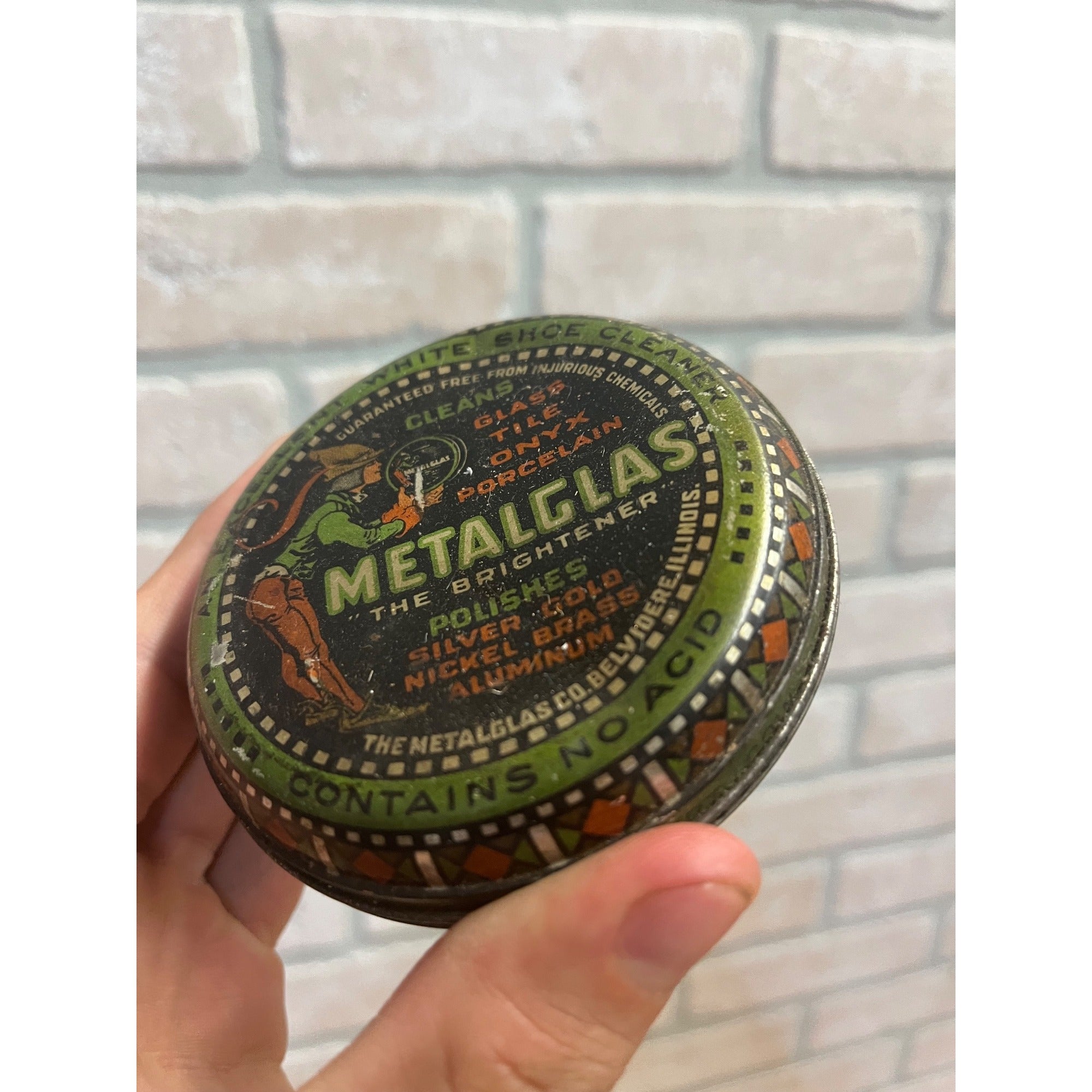 Antique Metalglas Glass Tile Gold Polish Cleaner Tin Litho Can Belvidere IL As-Is