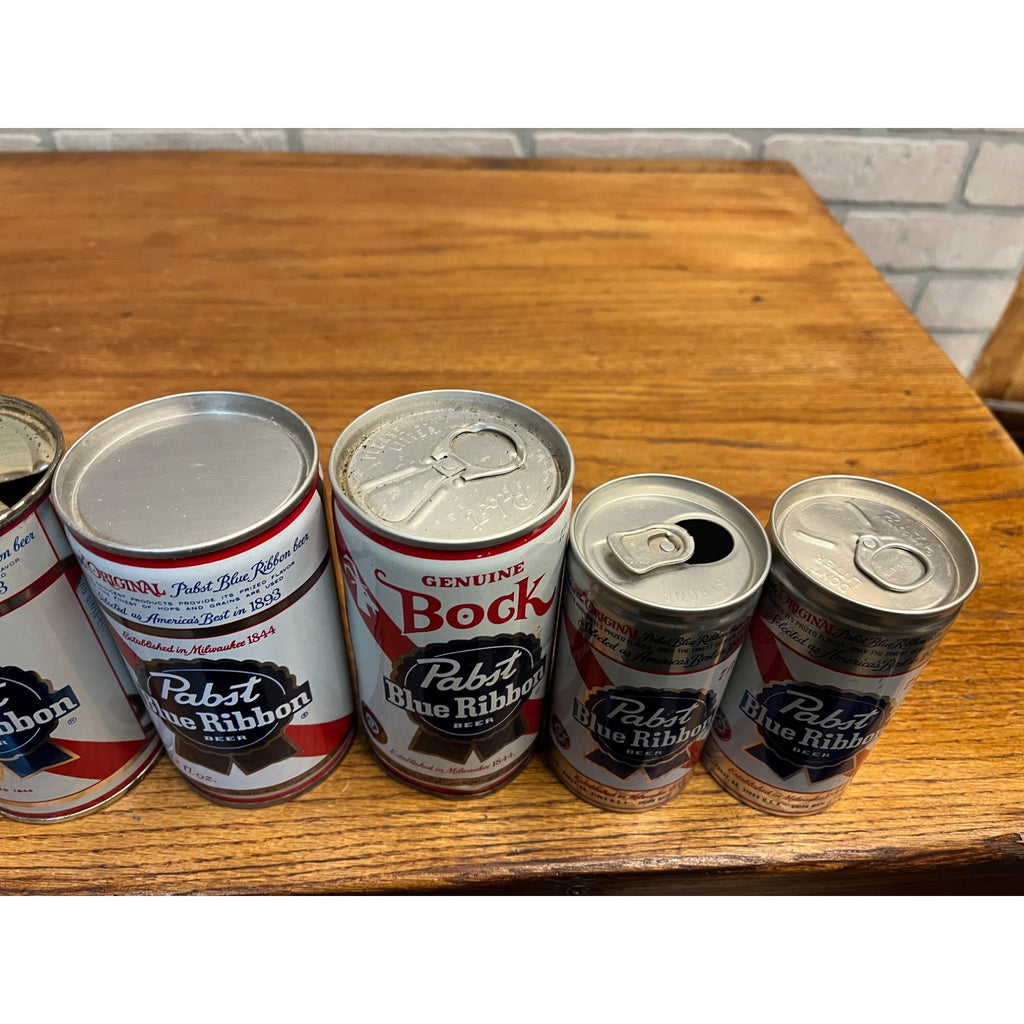 Vintage Pabst Blue Ribbon Flat Top Pull Tab Beer Cans PBR 7oz, 12oz, & 16oz