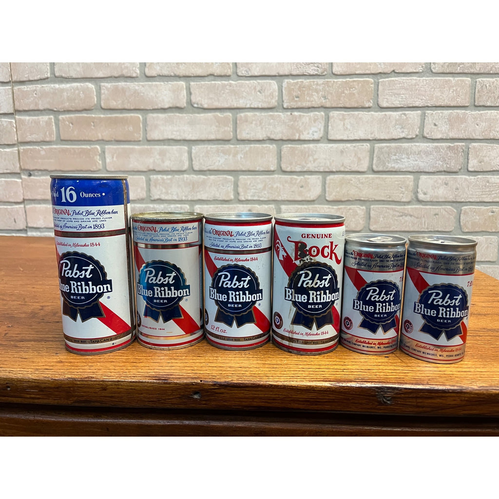 Vintage Pabst Blue Ribbon Flat Top Pull Tab Beer Cans PBR 7oz, 12oz, & 16oz