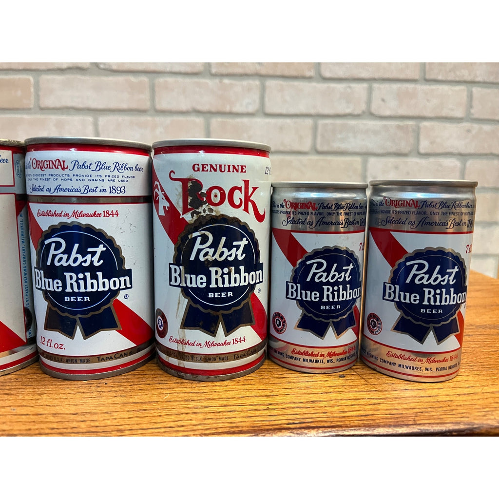 Vintage Pabst Blue Ribbon Flat Top Pull Tab Beer Cans PBR 7oz, 12oz, & 16oz