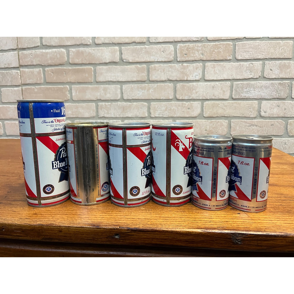 Vintage Pabst Blue Ribbon Flat Top Pull Tab Beer Cans PBR 7oz, 12oz, & 16oz