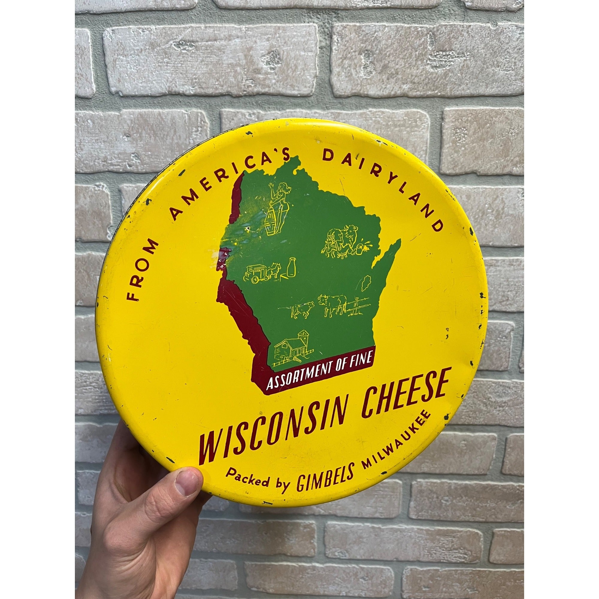 Vintage Wisconsin Cheese Advertising Tin Can Kitchen Decor Gimbels Milwaukee