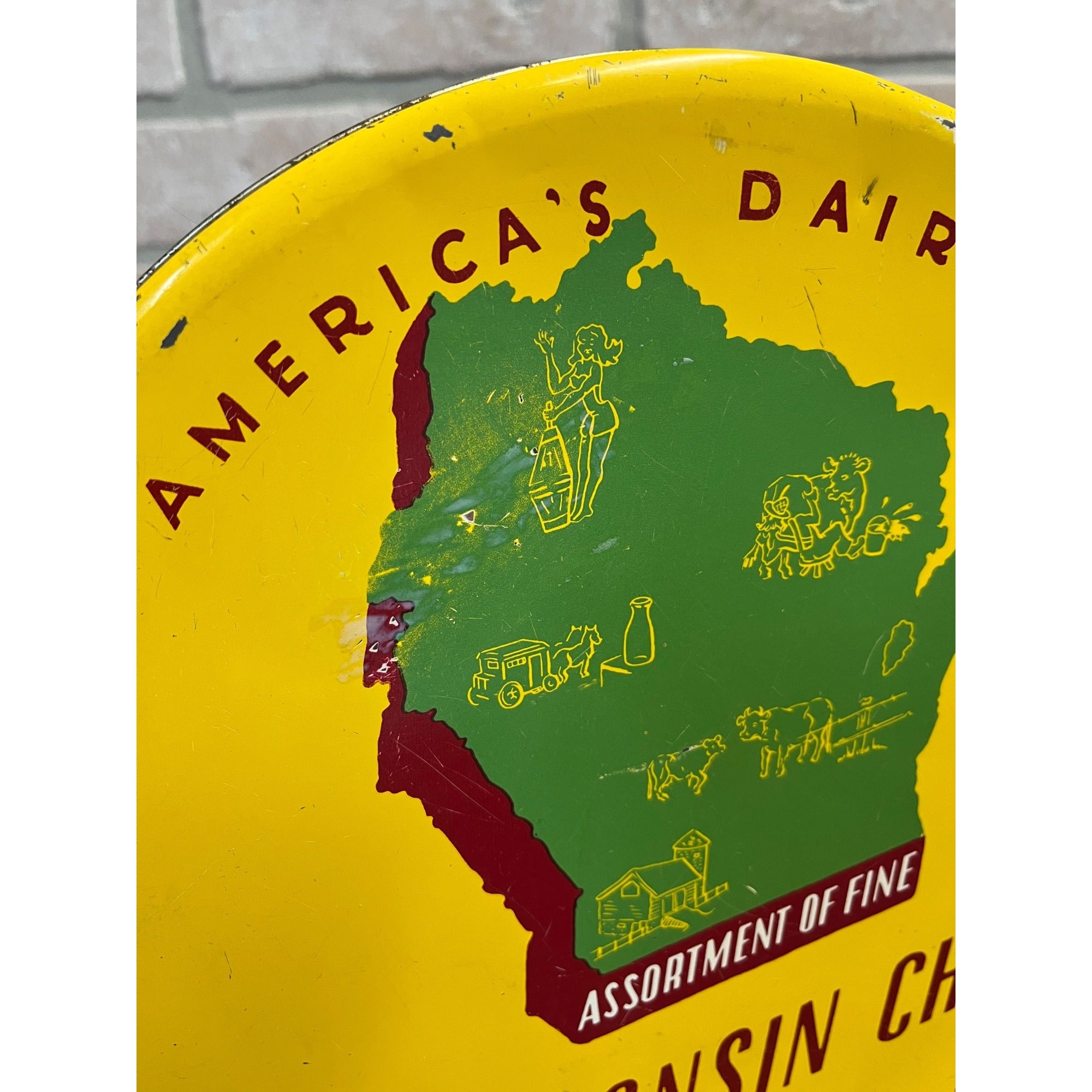 Vintage Wisconsin Cheese Advertising Tin Can Kitchen Decor Gimbels Milwaukee