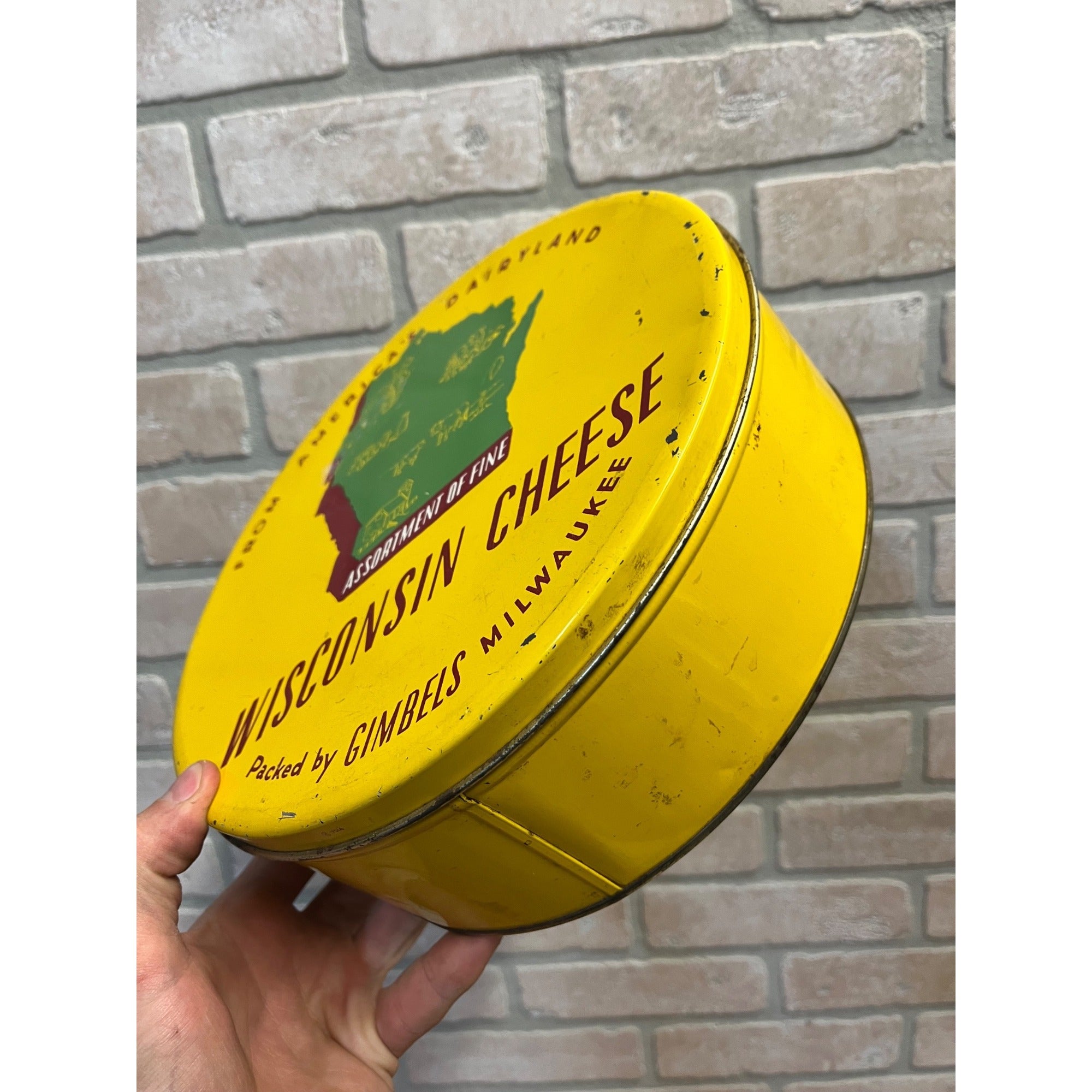Vintage Wisconsin Cheese Advertising Tin Can Kitchen Decor Gimbels Milwaukee