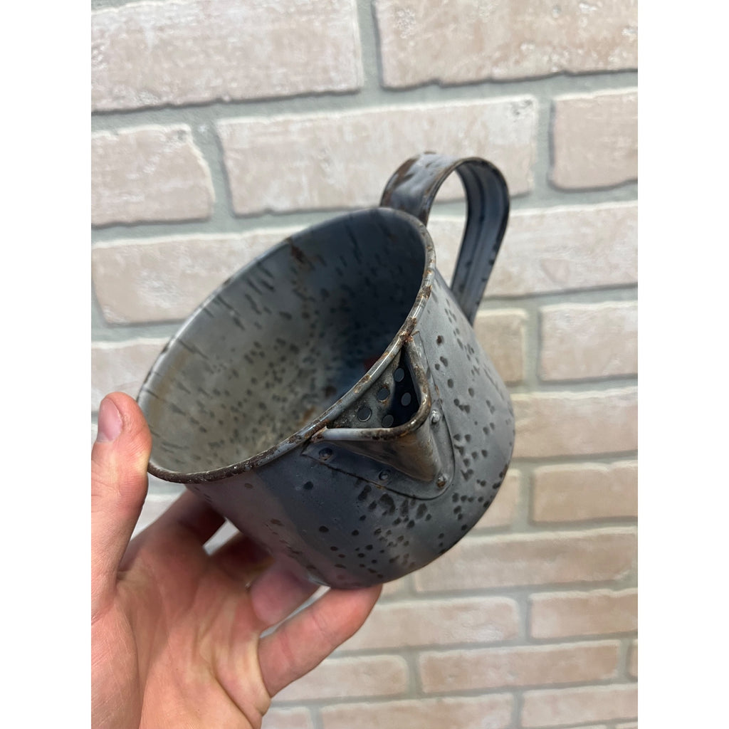 Antique Primitive Gray Enamel Graniteware Strainer Cup Measure w/ Spout Grey Farmhouse Decor
