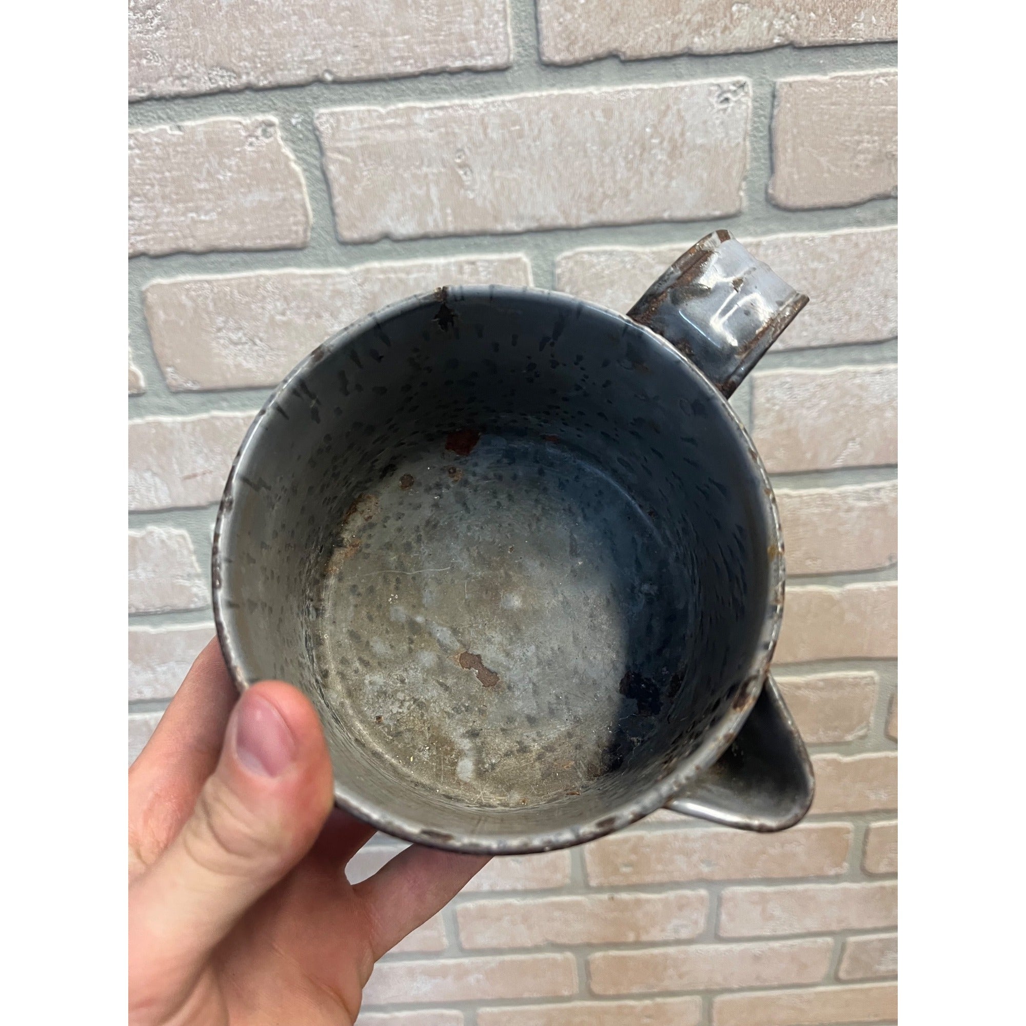 Antique Primitive Gray Enamel Graniteware Strainer Cup Measure w/ Spout Grey Farmhouse Decor
